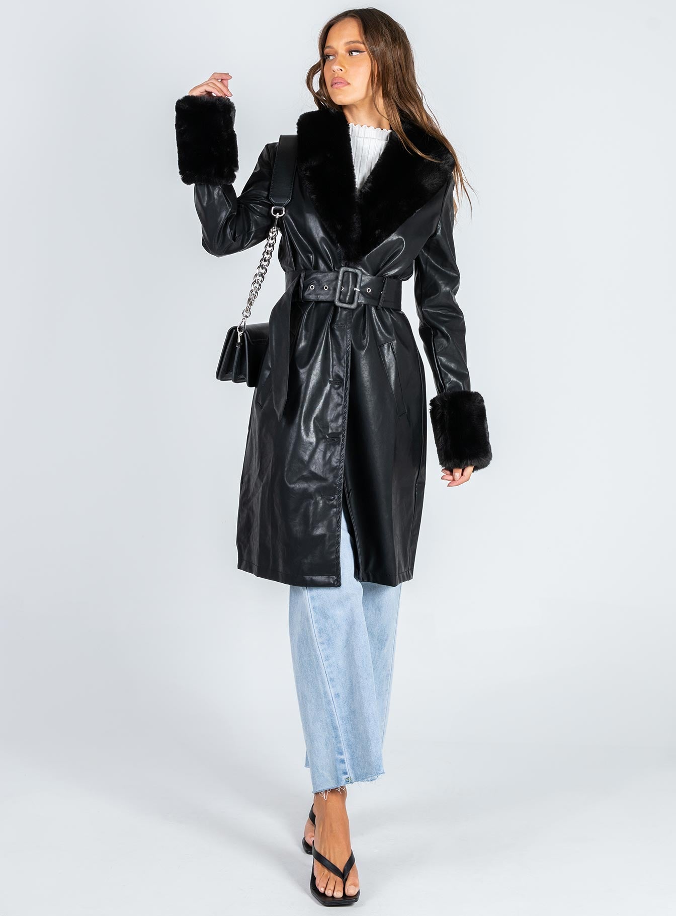 Brooklyn Faux Leather Long Coat Black-Vipp Girl