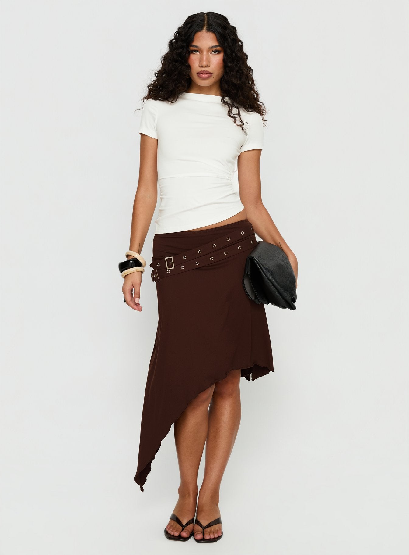Lorensa Double Buckle Asymmetrical Midi Skirt Brown-Vipp Girl