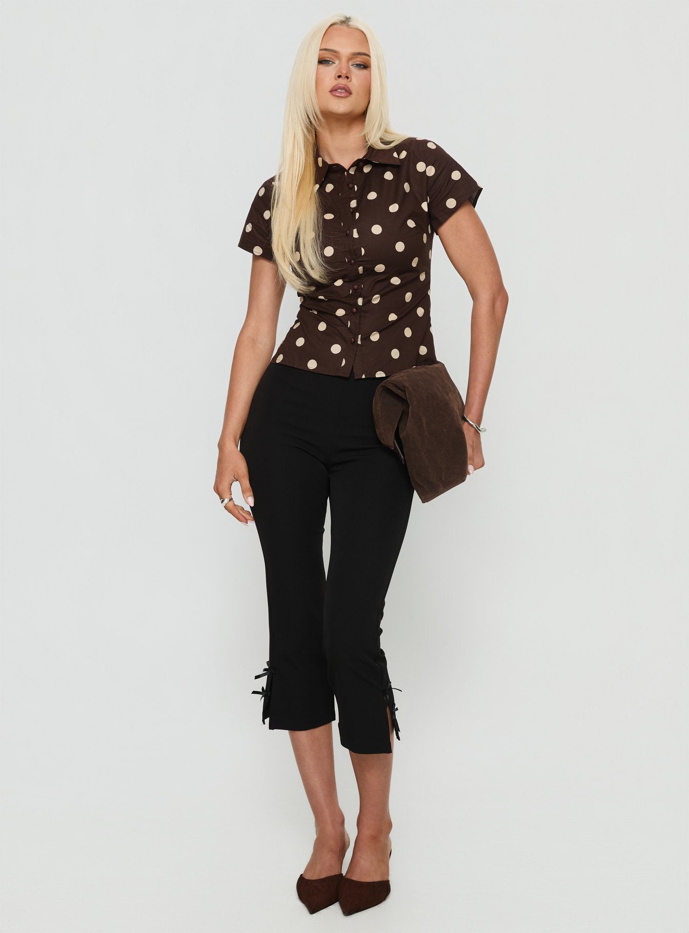 Lift Off Button Up Top Choc / Lemon Polka-Vipp Girl