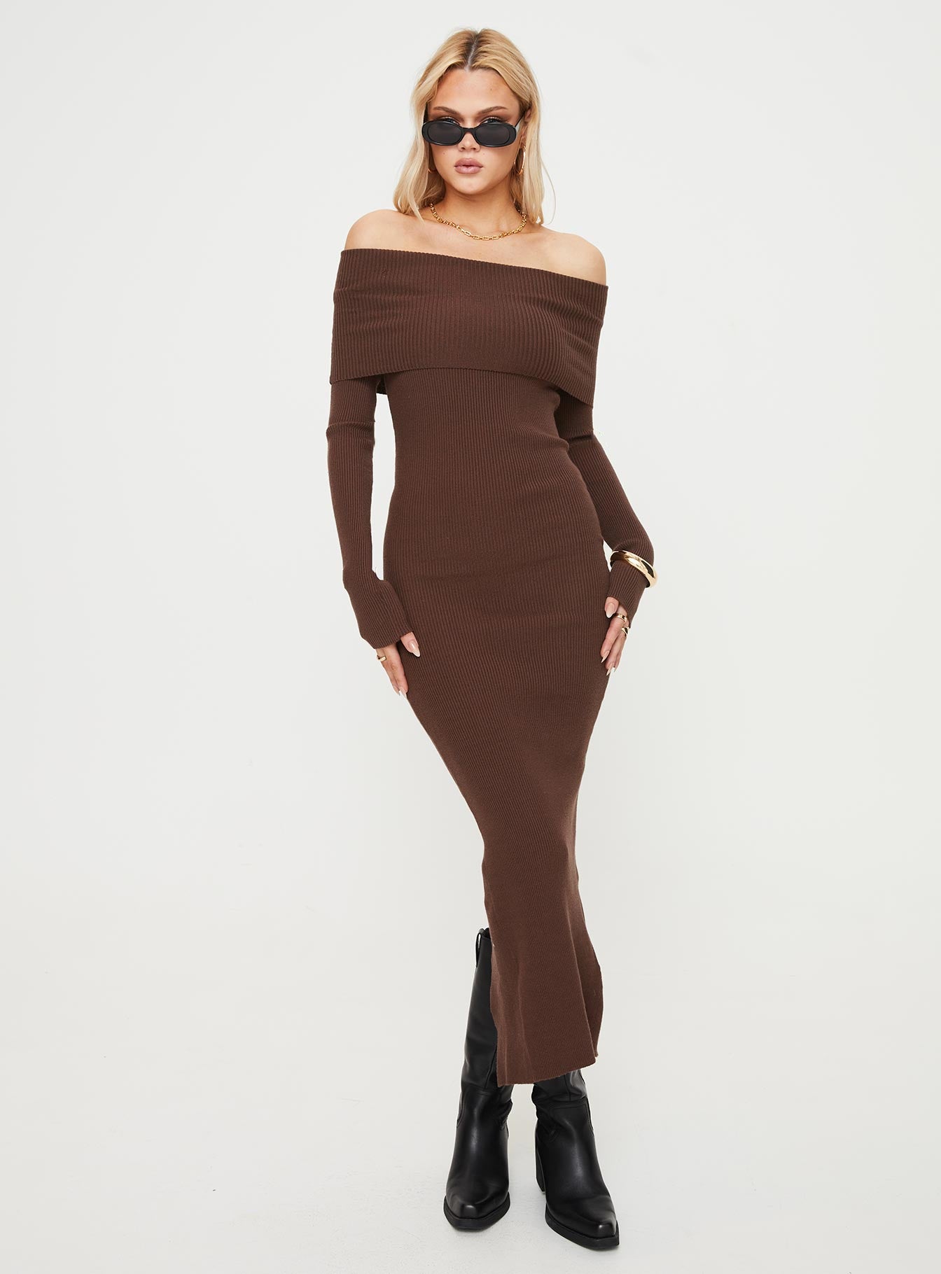 Phylis Off The Shoulder Maxi Dress Chocolate-Vipp Girl