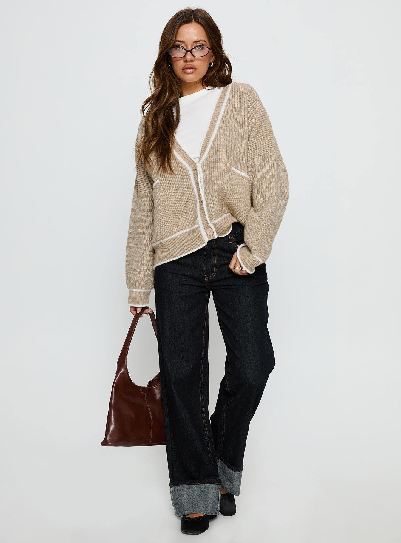 Cressara Contrast Knit Cardigan Beige / White-Vipp Girl