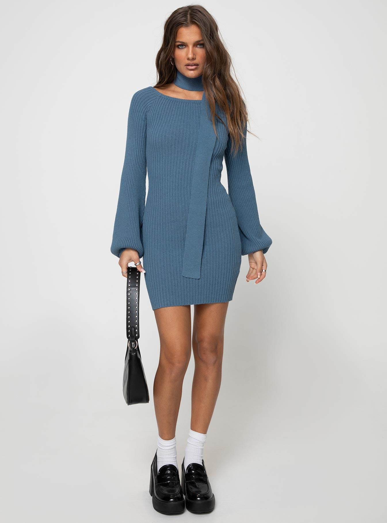 Dyante Long Sleeve Scarf Mini Dress Blue-Vipp Girl
