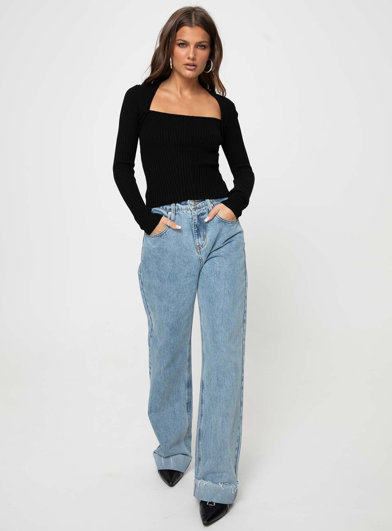 Gleeson Square Neck Long Sleeve Top Black-Vipp Girl