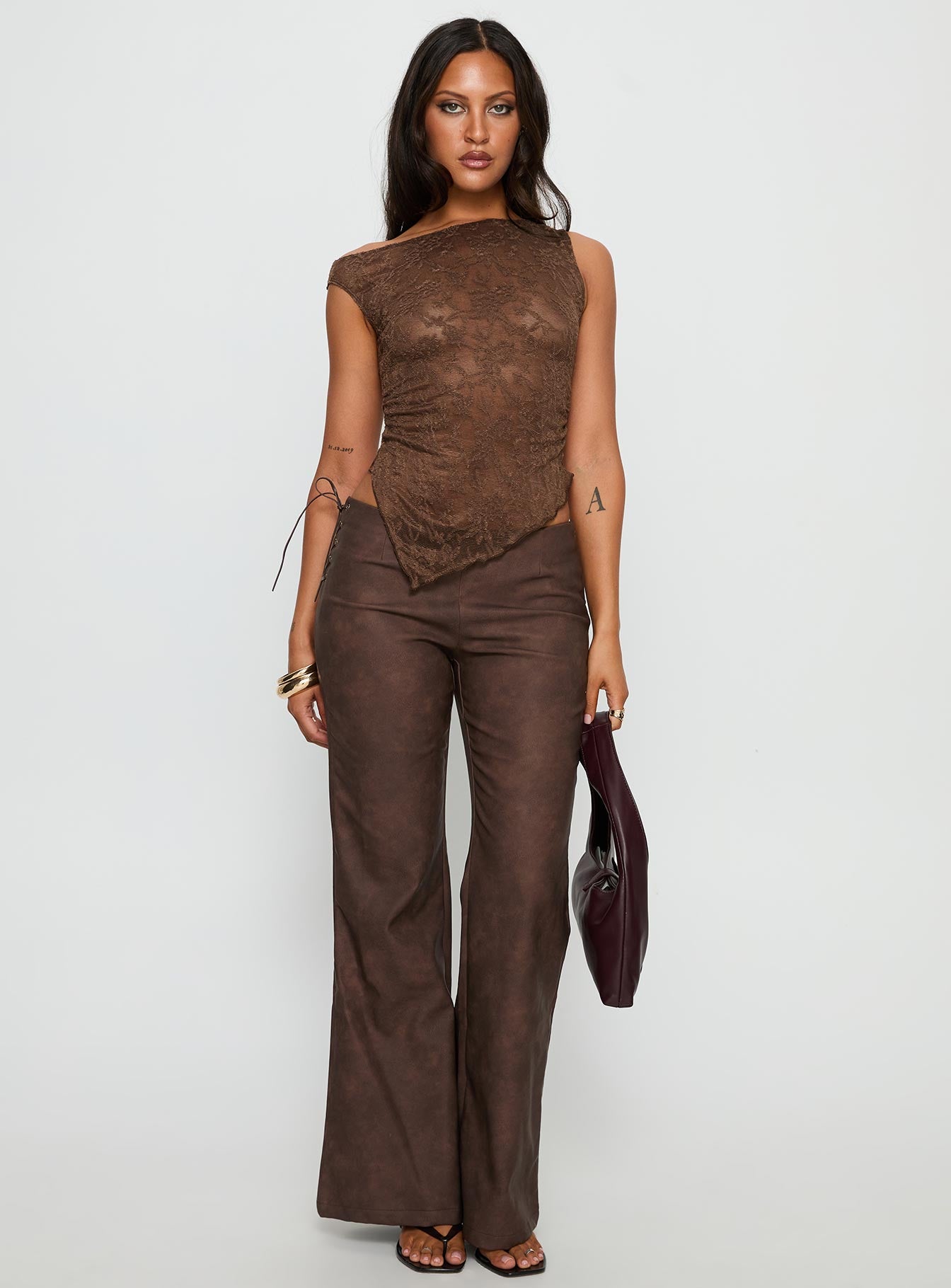 Decia One Shoulder Lace Top Brown-Vipp Girl