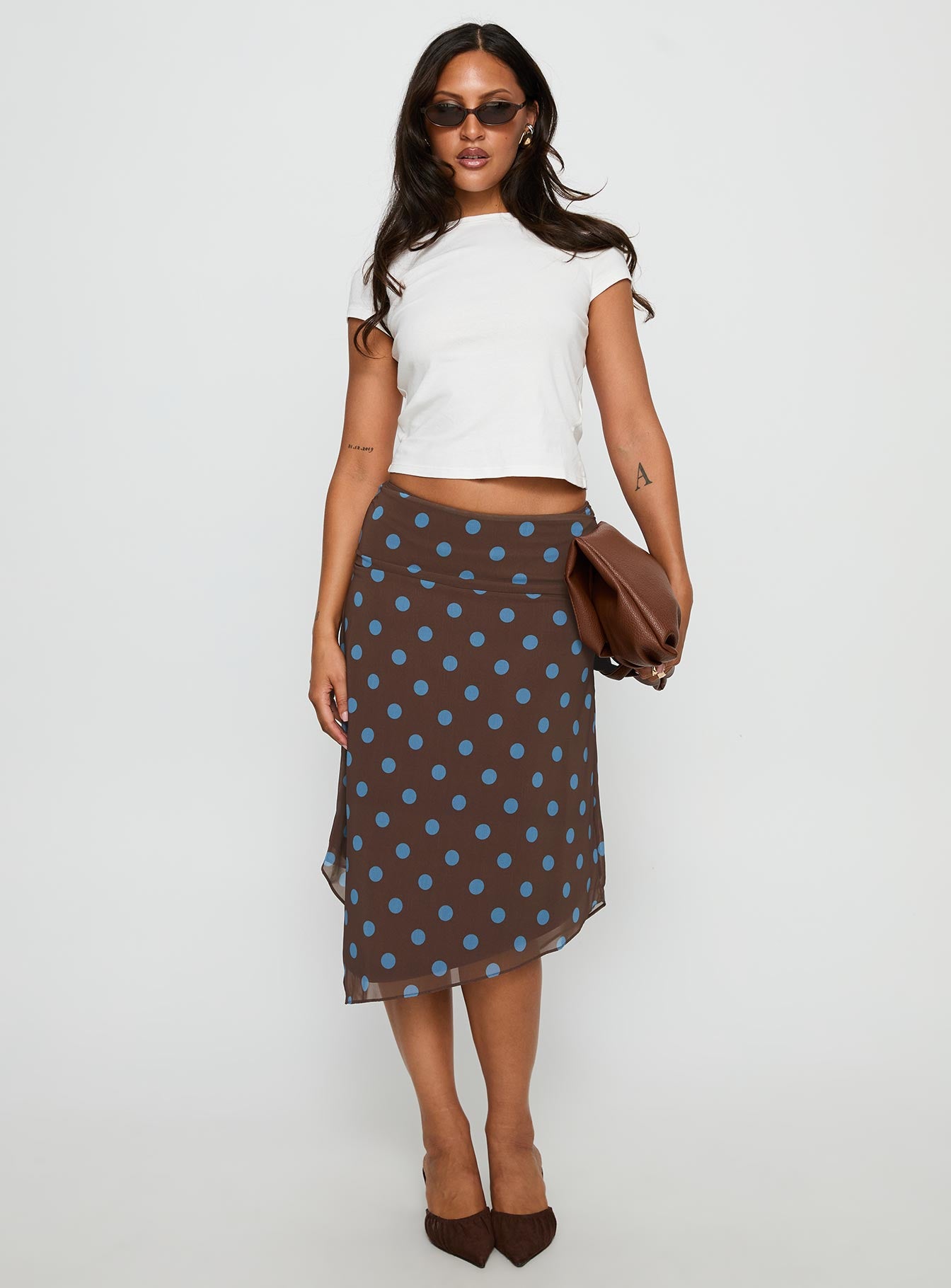 Daphene Asymmetrical Midi Skirt Brown / Blue Polka Dot-Vipp Girl