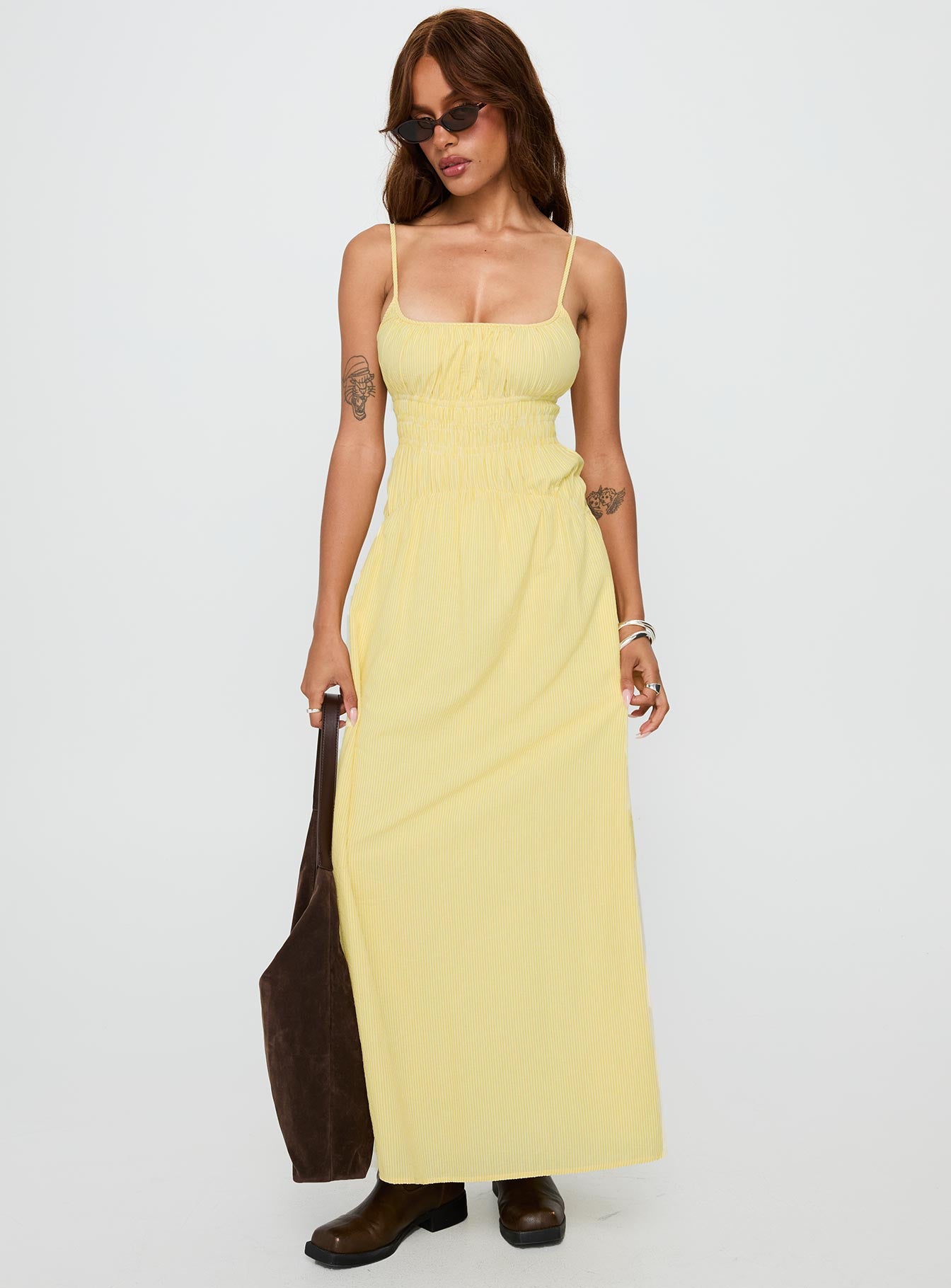 Magnolie Shirred Maxi Dress Yellow Stripe-Vipp Girl