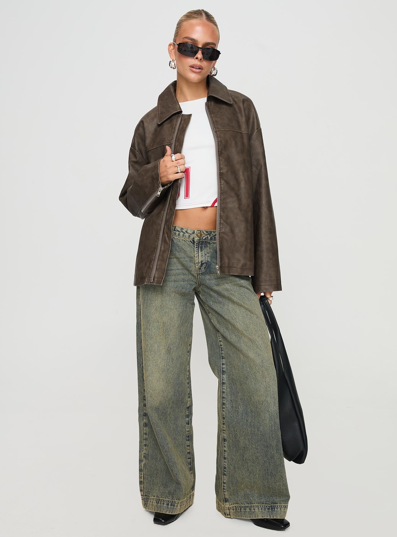 Faux Leather Collared Dad Jacket Washed Brown-Vipp Girl