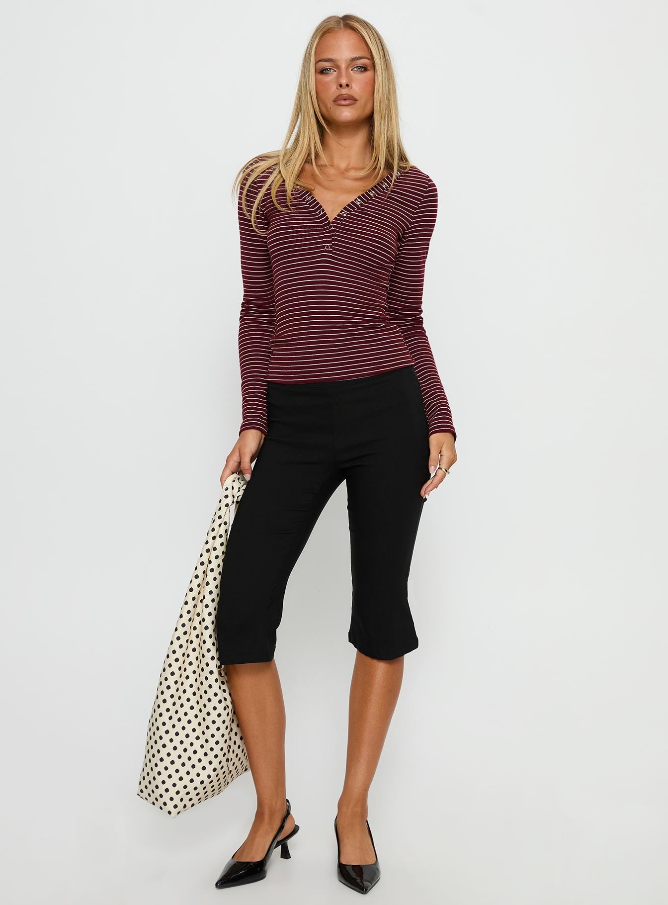 Georgeanna Button Up Long Sleeve Top Burgundy Stripe-Vipp Girl