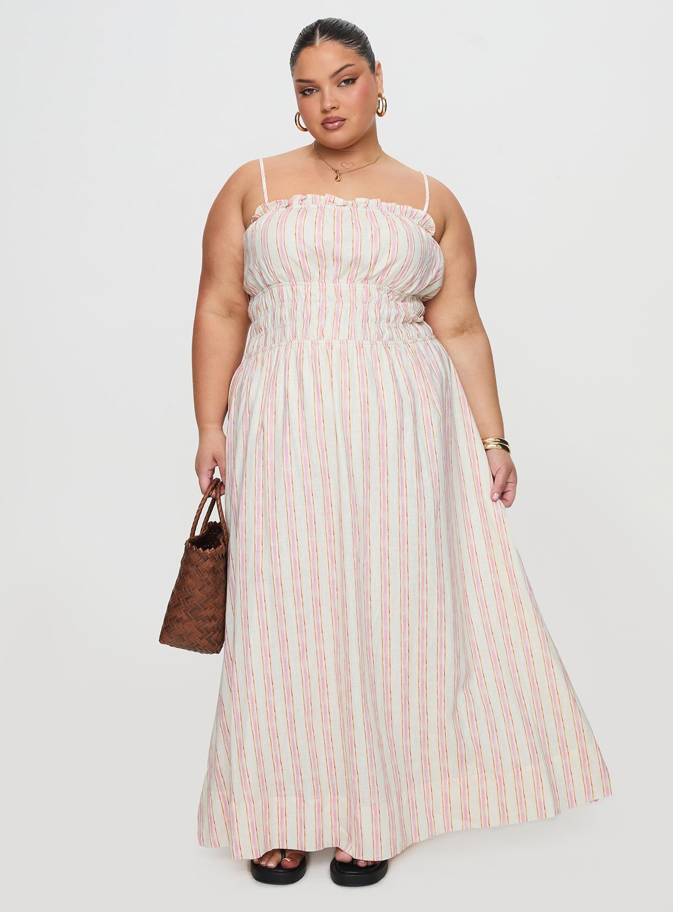 Persephone Shirring Linen Maxi Dress Pink Stripe Curve-Vipp Girl