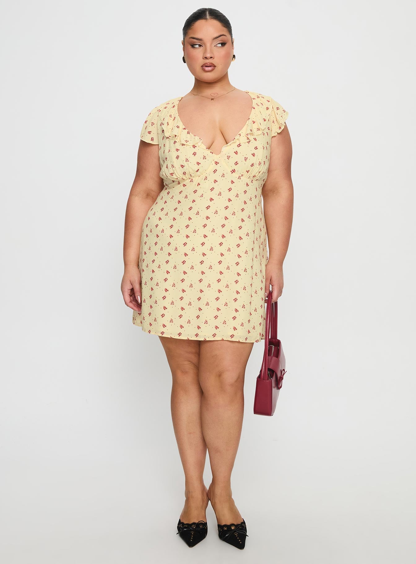 Just Me And You Frill Mini Dress Yellow Floral Curve-Vipp Girl