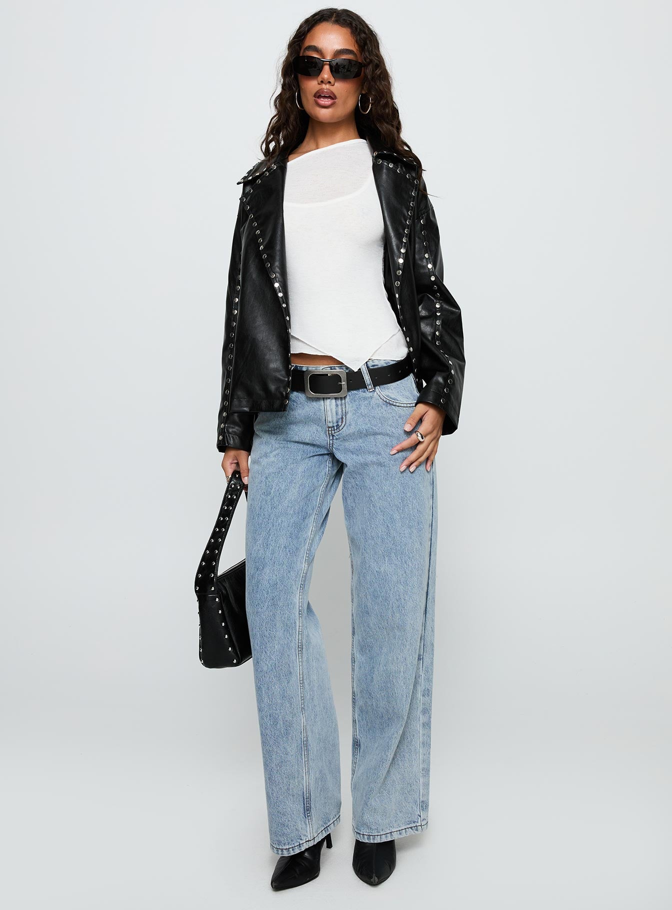 Kaeden Faux Leather Stud Detail Biker Jacket Black-Vipp Girl