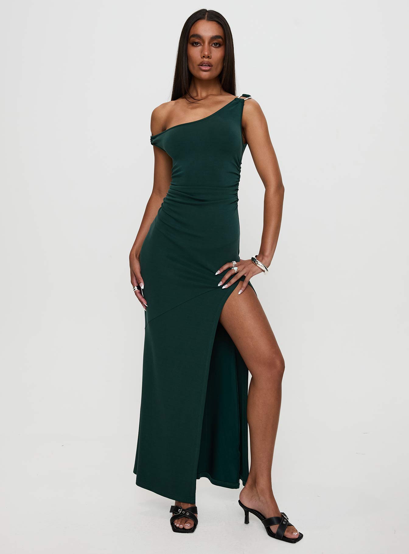 Rios One Shoulder Maxi Dress Green-Vipp Girl