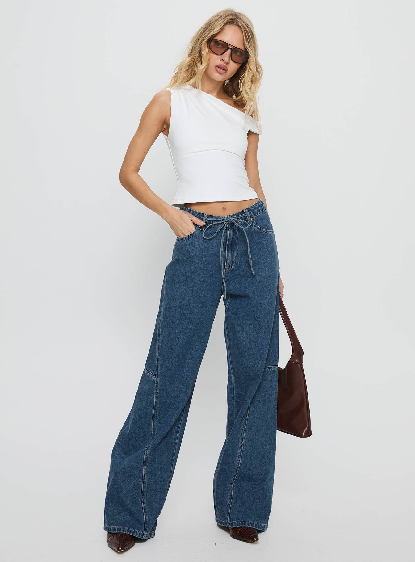 Bruiser Tie Waist Mid Rise Wide Leg Jeans Mid Blue Wash-Vipp Girl
