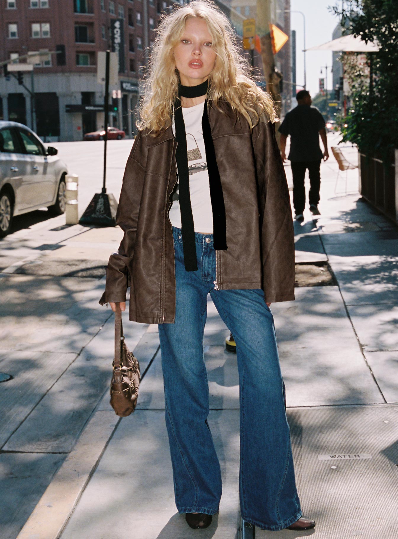 Faux Leather Collared Dad Jacket Washed Brown-Vipp Girl