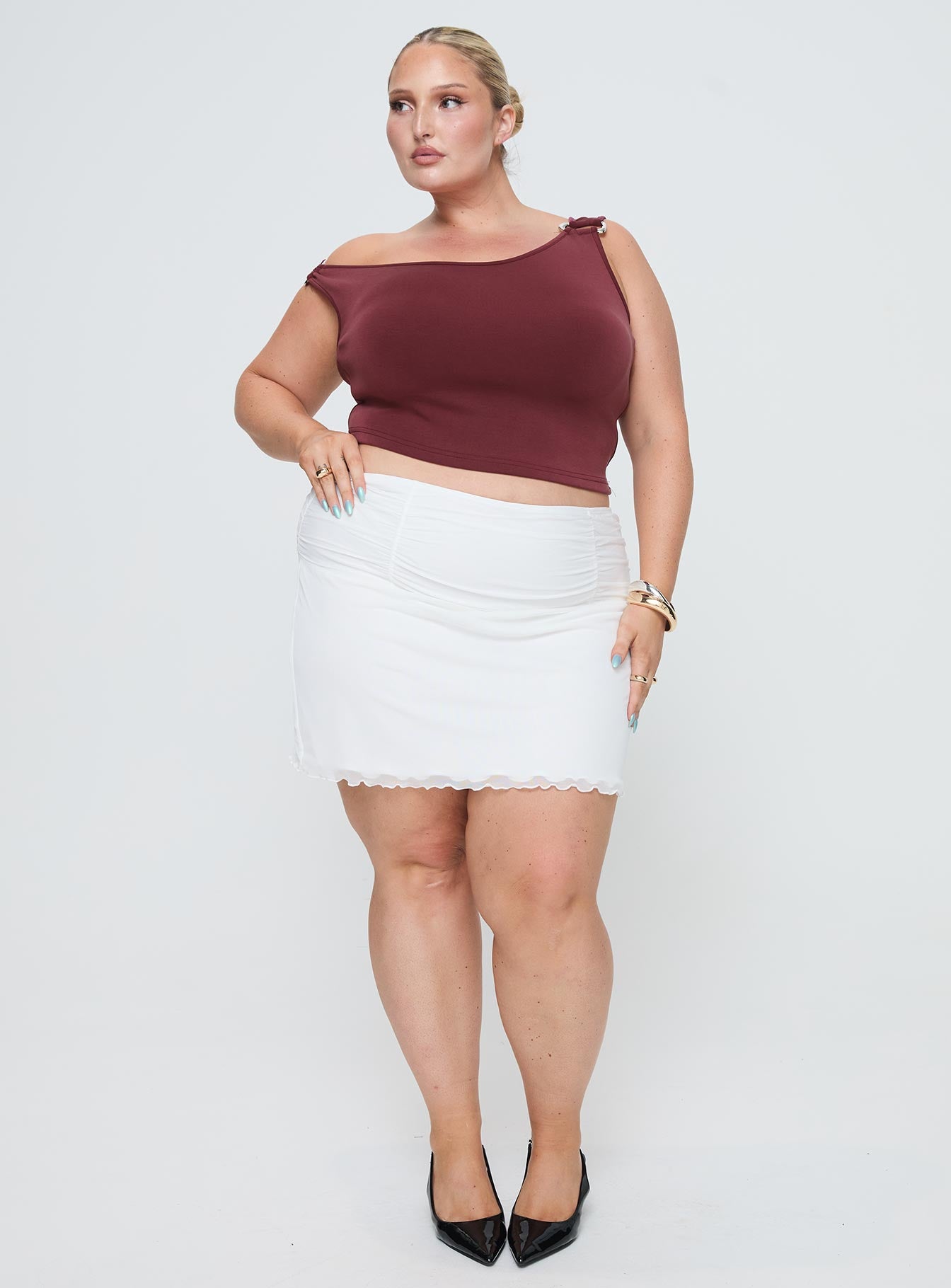 Meredith Ruched Mini Skirt White Curve-Vipp Girl