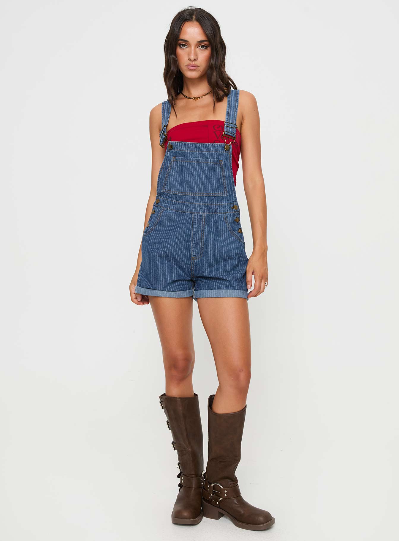 Kacey Short Overalls Mid Blue Pinstripe-Vipp Girl
