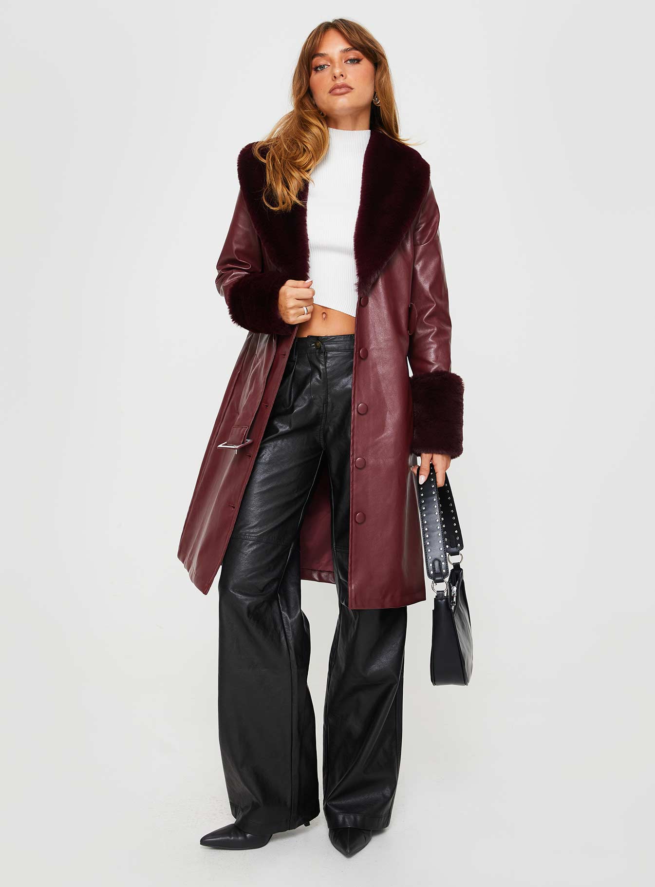 Brooklyn Faux Leather Longline Coat Burgundy-Vipp Girl