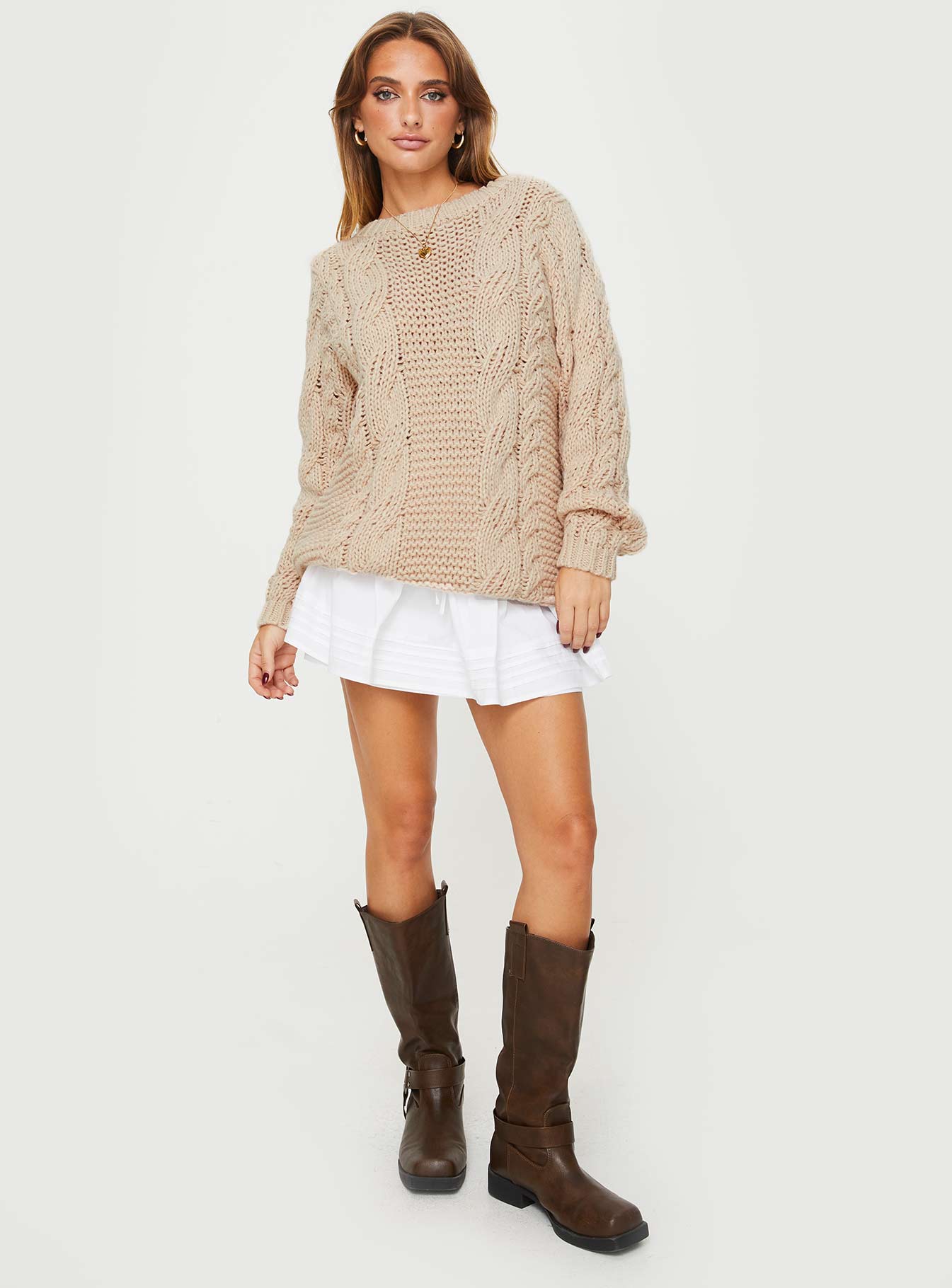Ellison Cable Knit Sweater Beige-Vipp Girl