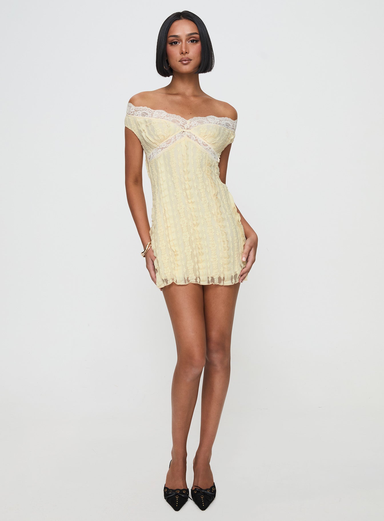 Bonnin Off The Shoulder Lace Mini Dress Yellow-Vipp Girl