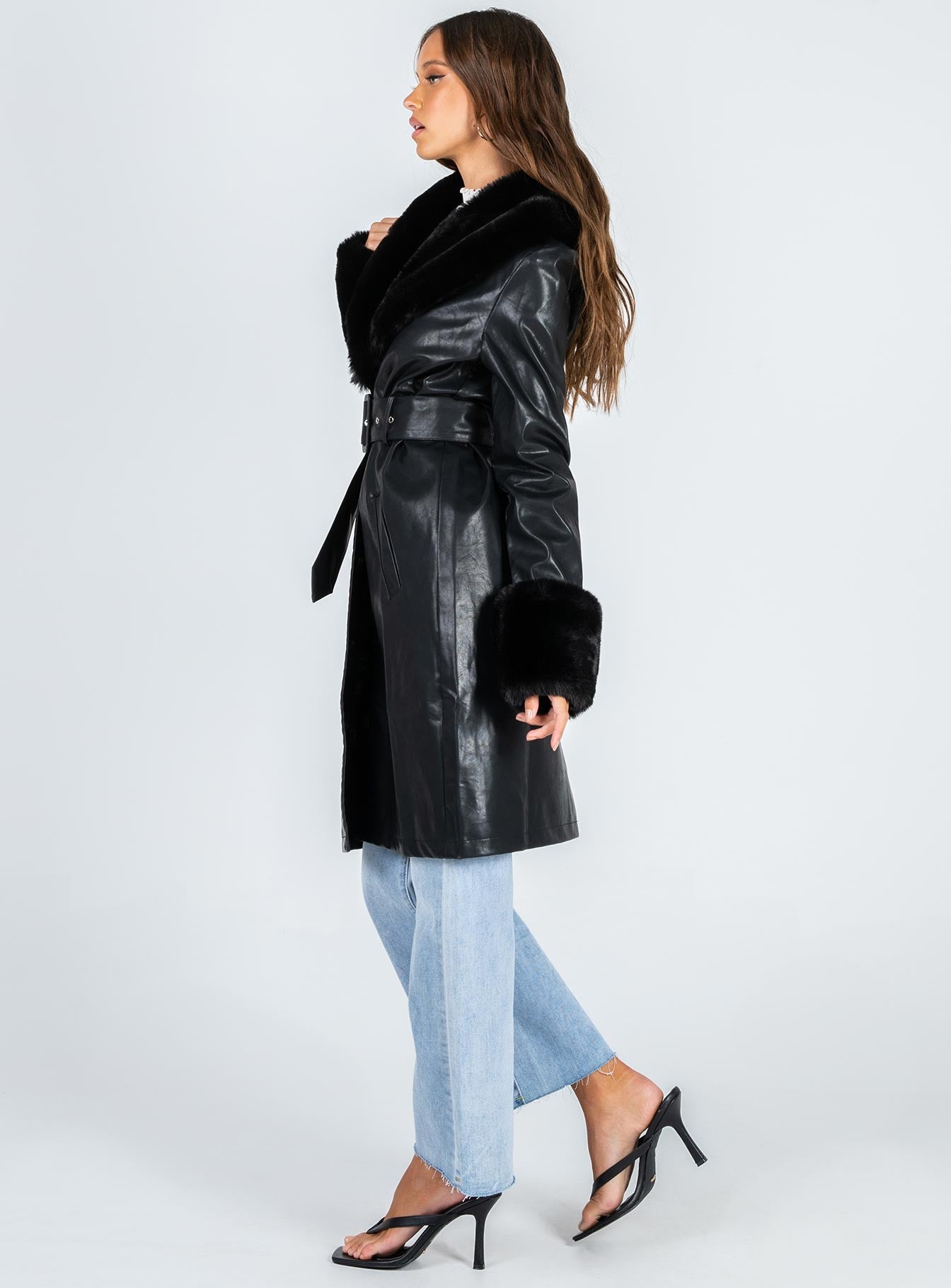 Brooklyn Faux Leather Long Coat Black-Vipp Girl