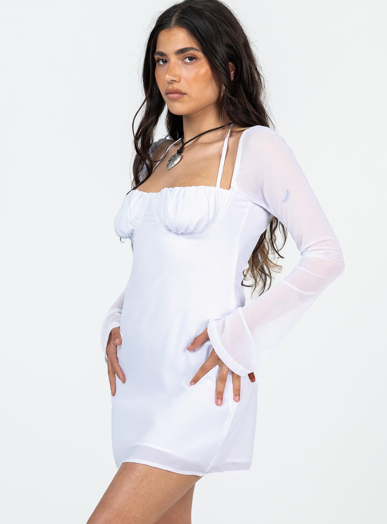 Dyer Sheer Sleeve Mini Dress White Petite-Vipp Girl