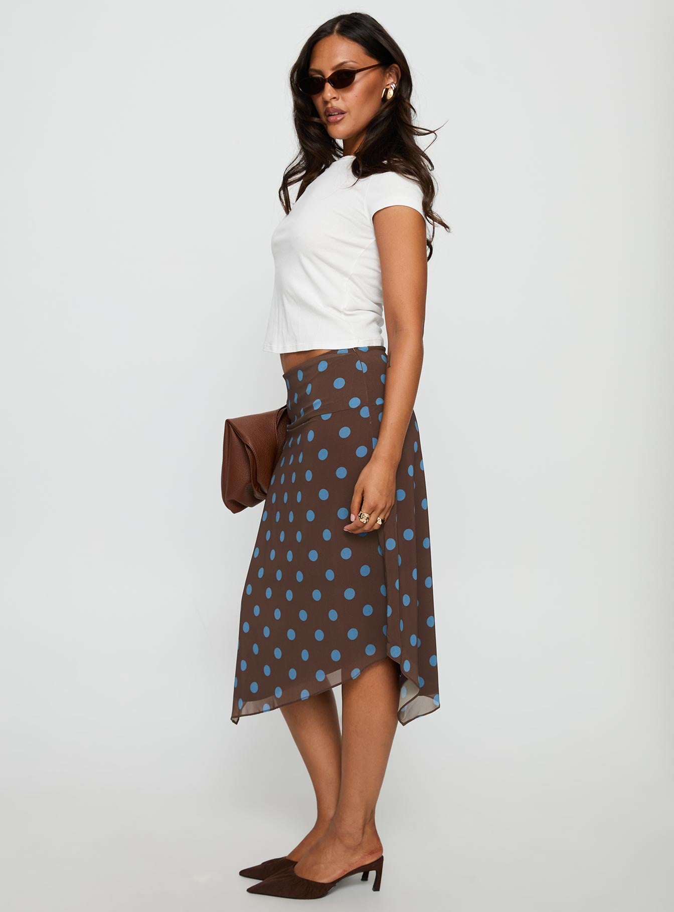 Daphene Asymmetrical Midi Skirt Brown / Blue Polka Dot-Vipp Girl