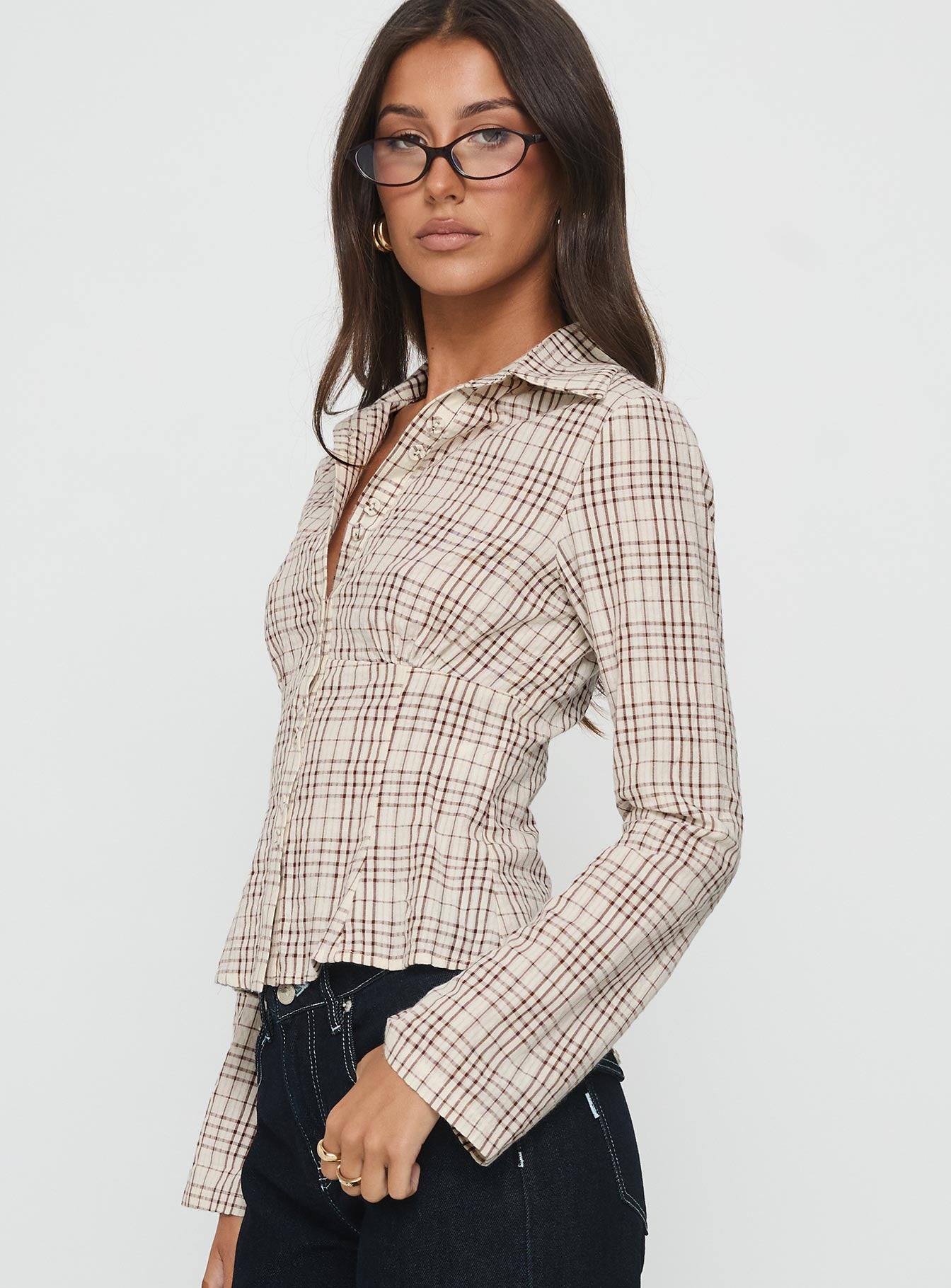 Cottesloe Long Sleeve Blouse Top Brown Check-Vipp Girl