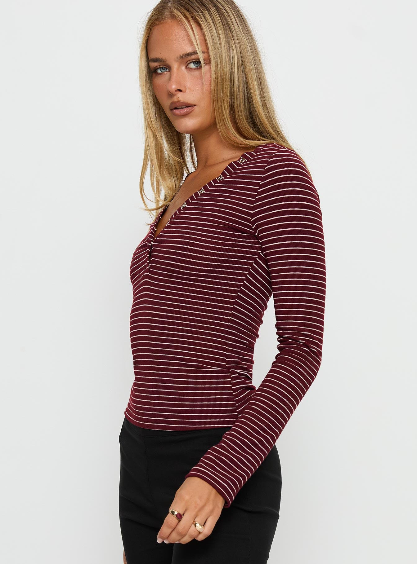 Georgeanna Button Up Long Sleeve Top Burgundy Stripe-Vipp Girl