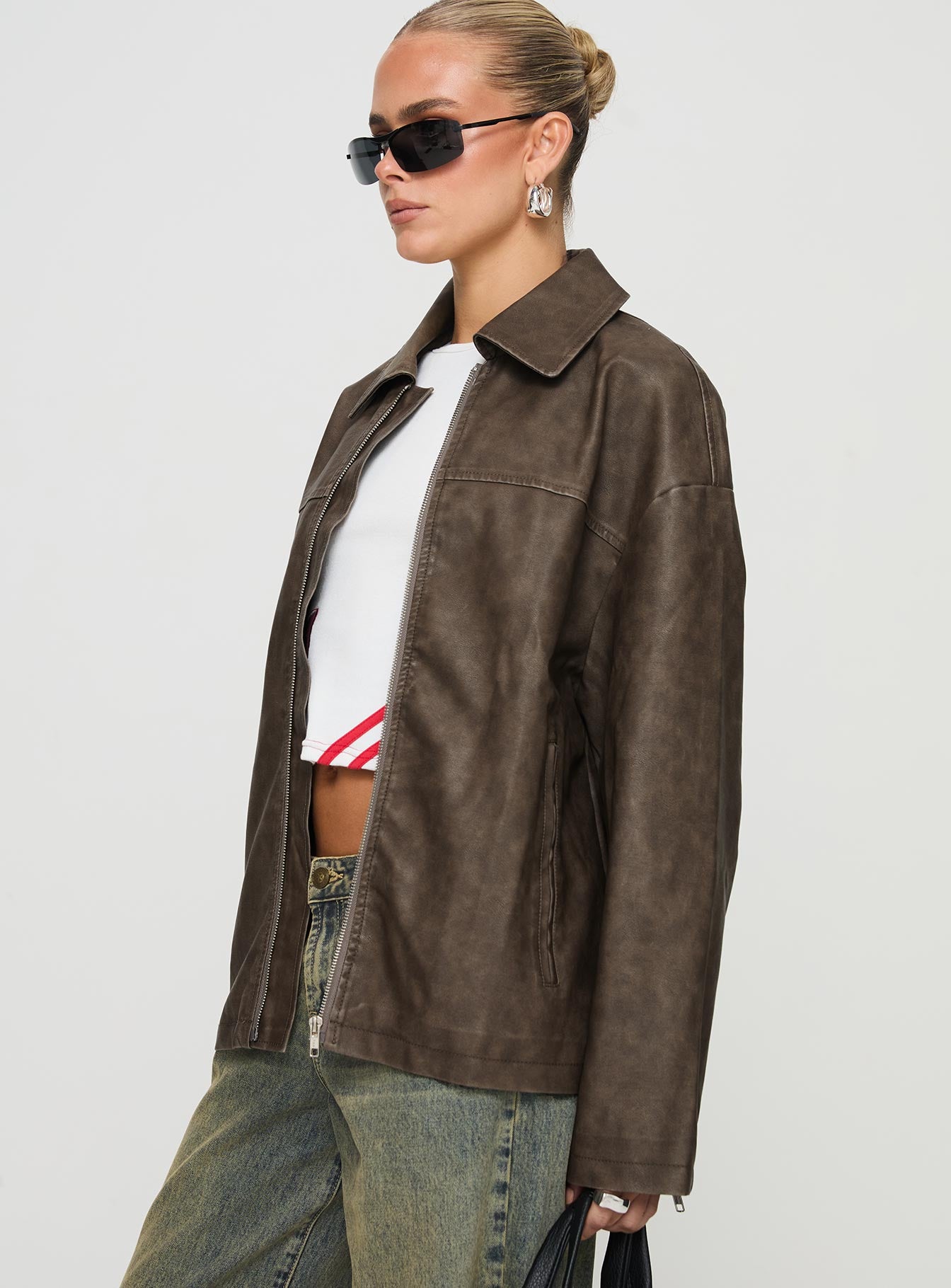 Faux Leather Collared Dad Jacket Washed Brown-Vipp Girl