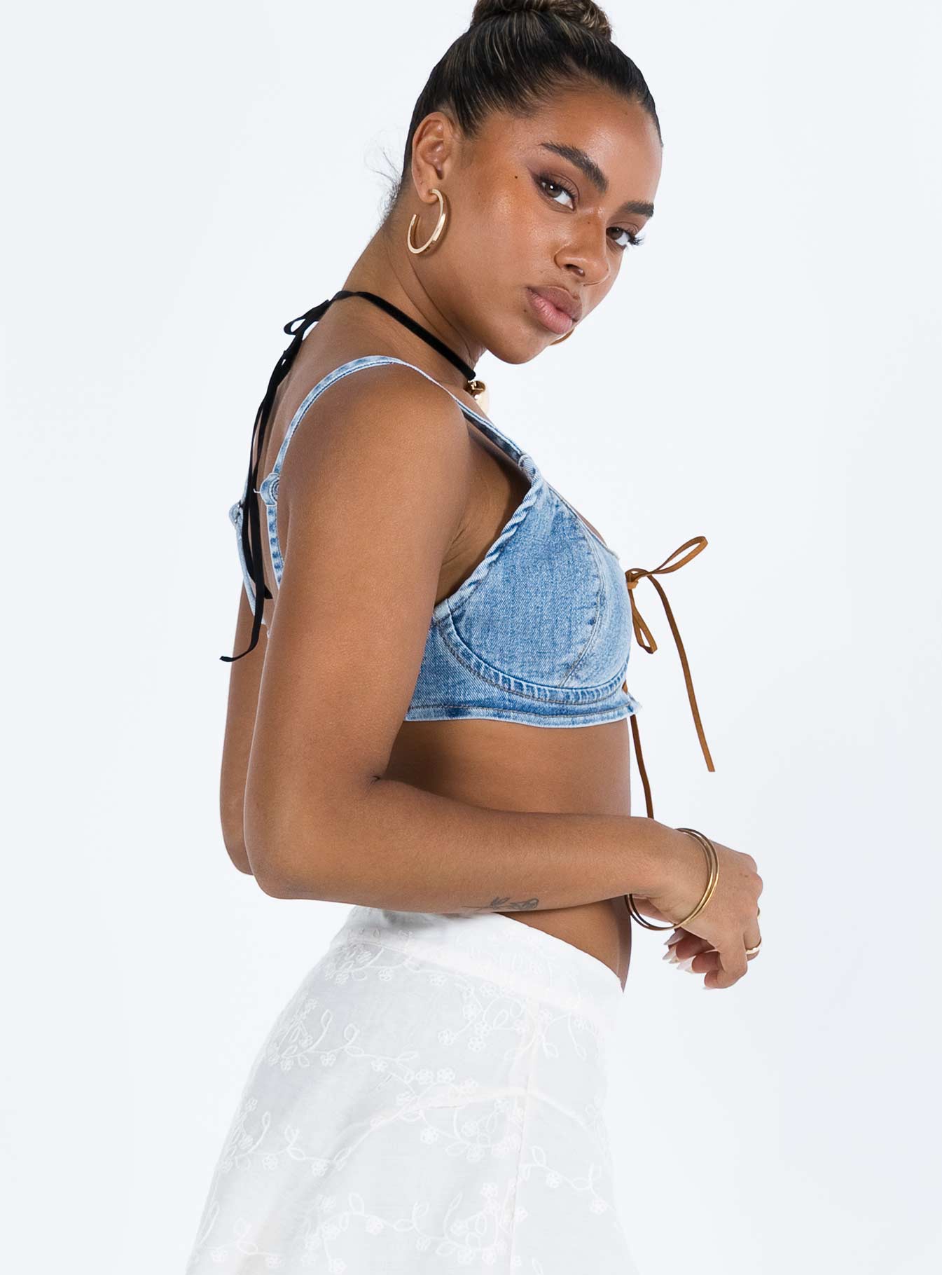 Marah Denim Lace Up Top Mid Blue-Vipp Girl