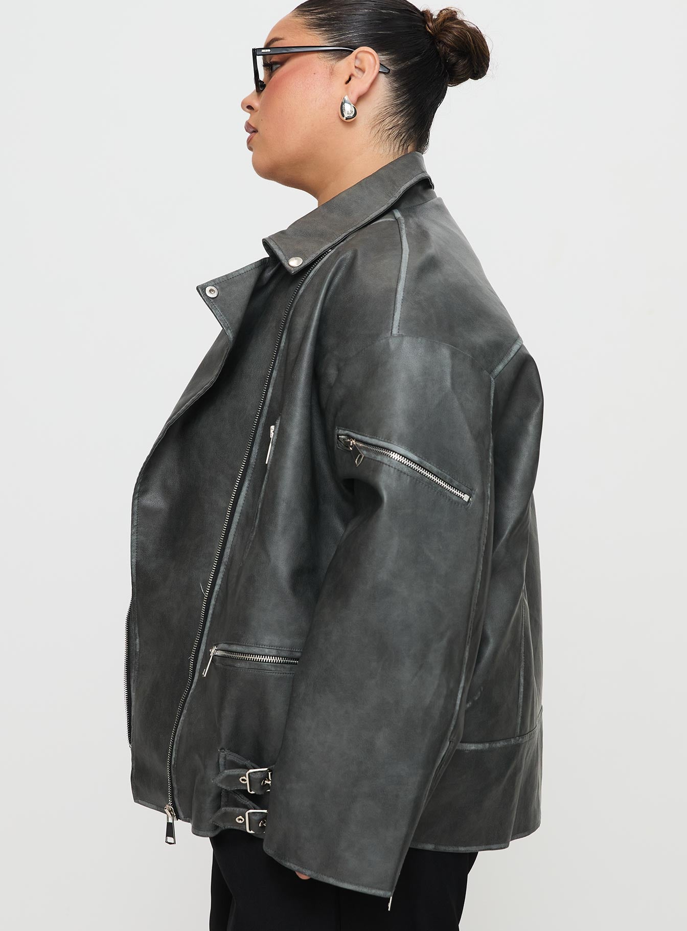 Magnets Faux Leather Jacket Washed Charcoal Curve-Vipp Girl