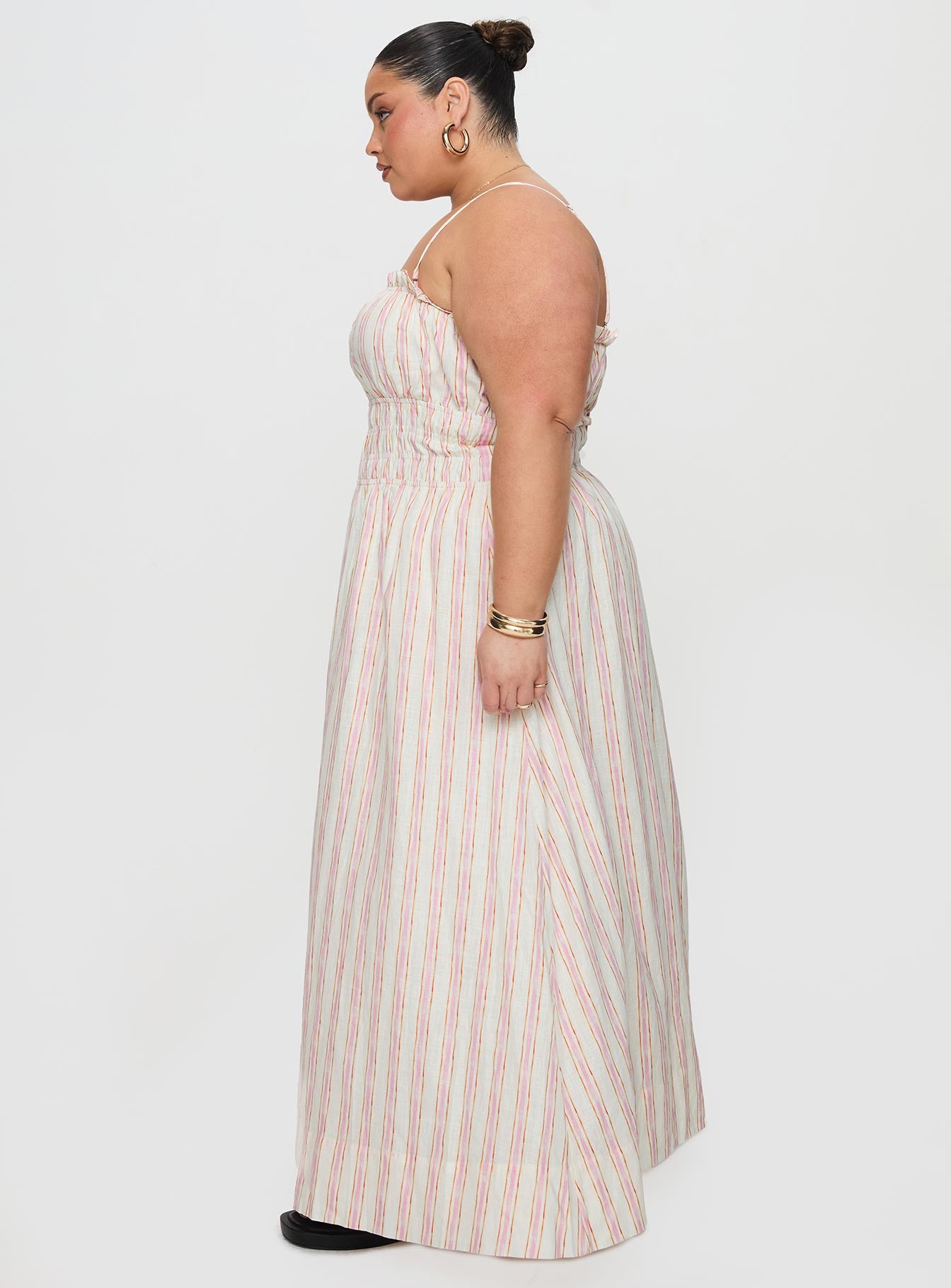 Persephone Shirring Linen Maxi Dress Pink Stripe Curve-Vipp Girl