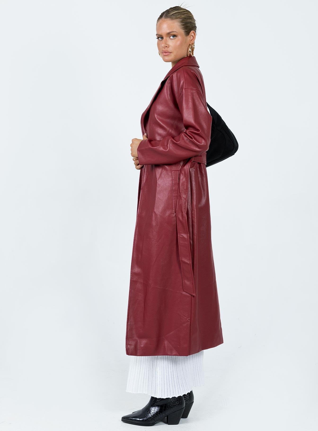 Leif Faux Leather Long Coat Burgundy-Vipp Girl