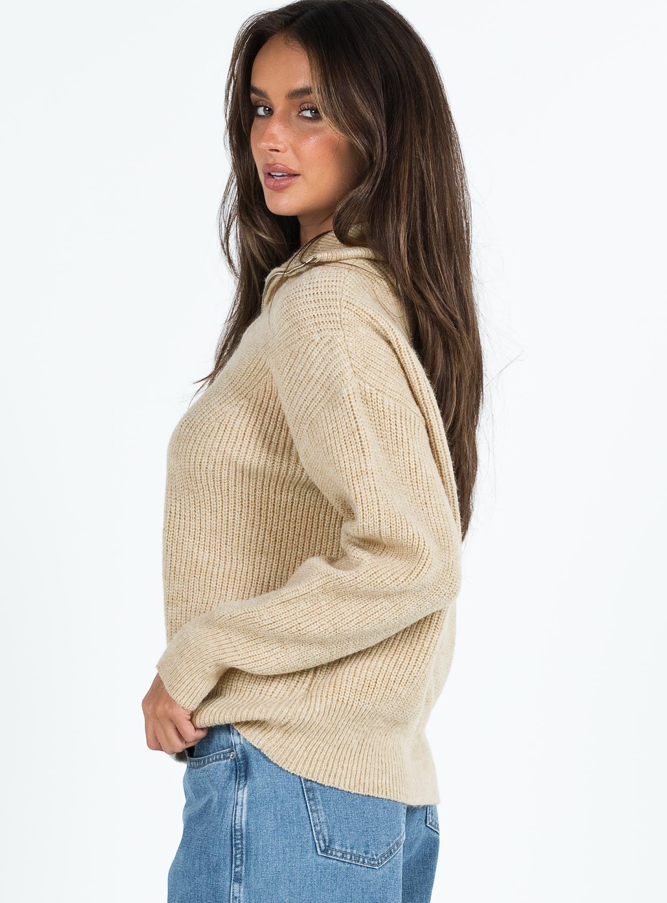 Ferry Zip Front Sweater Beige-Vipp Girl