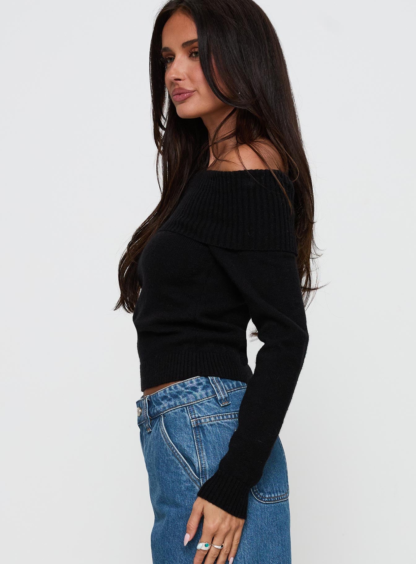 One For Me Off The Shoulder Long Sleeve Sweater Black-Vipp Girl