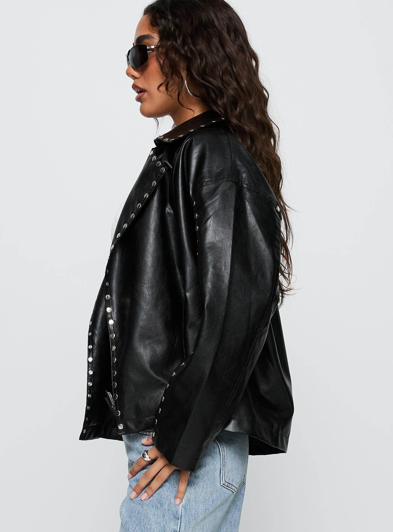 Kaeden Faux Leather Stud Detail Biker Jacket Black-Vipp Girl