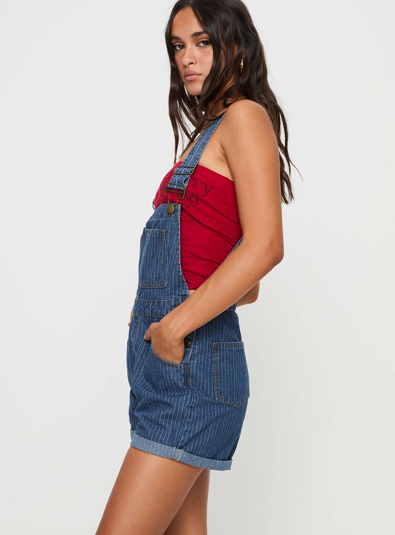 Kacey Short Overalls Mid Blue Pinstripe-Vipp Girl