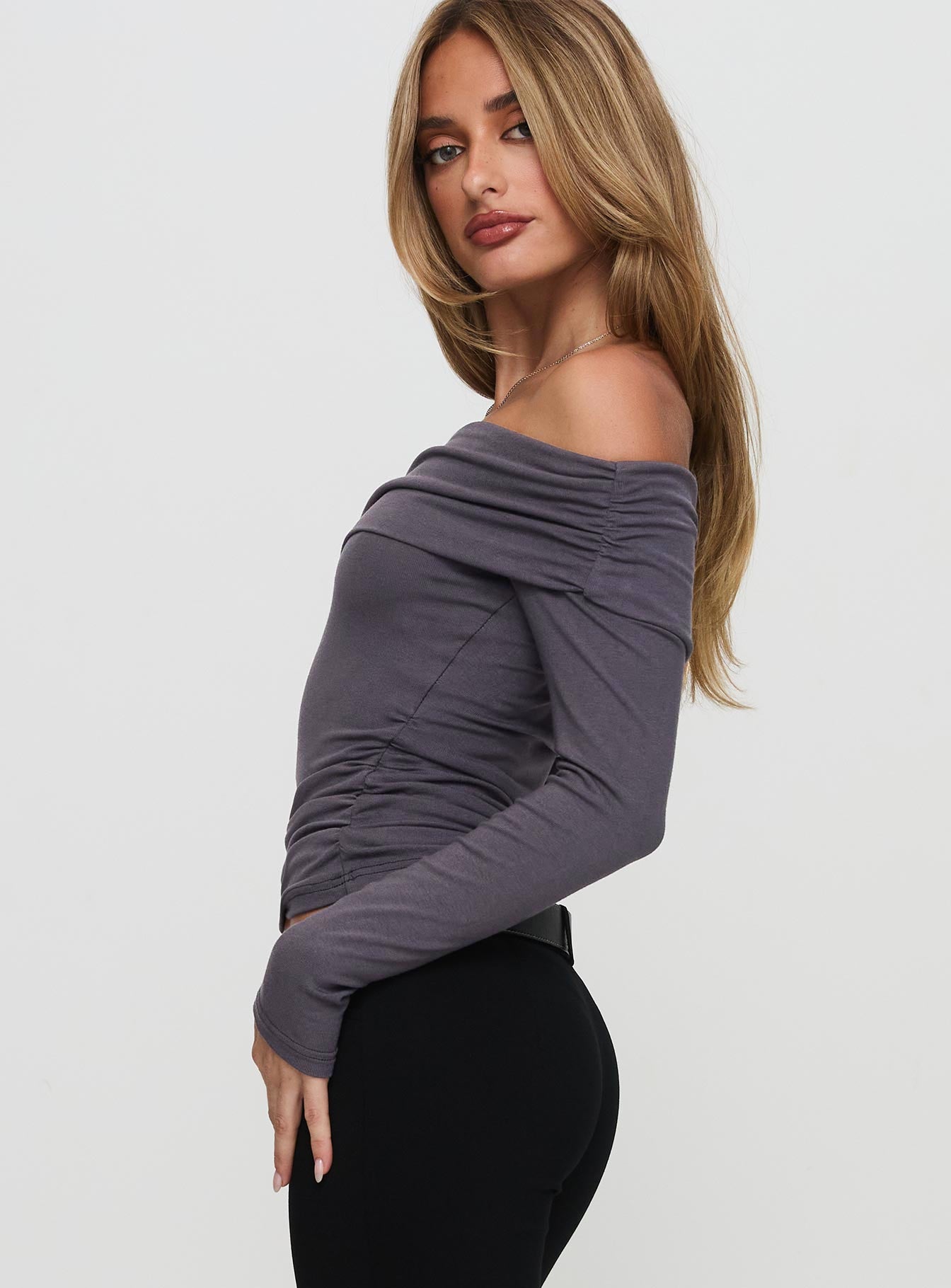 Erving Long Sleeve Off Shoulder Top Slate-Vipp Girl