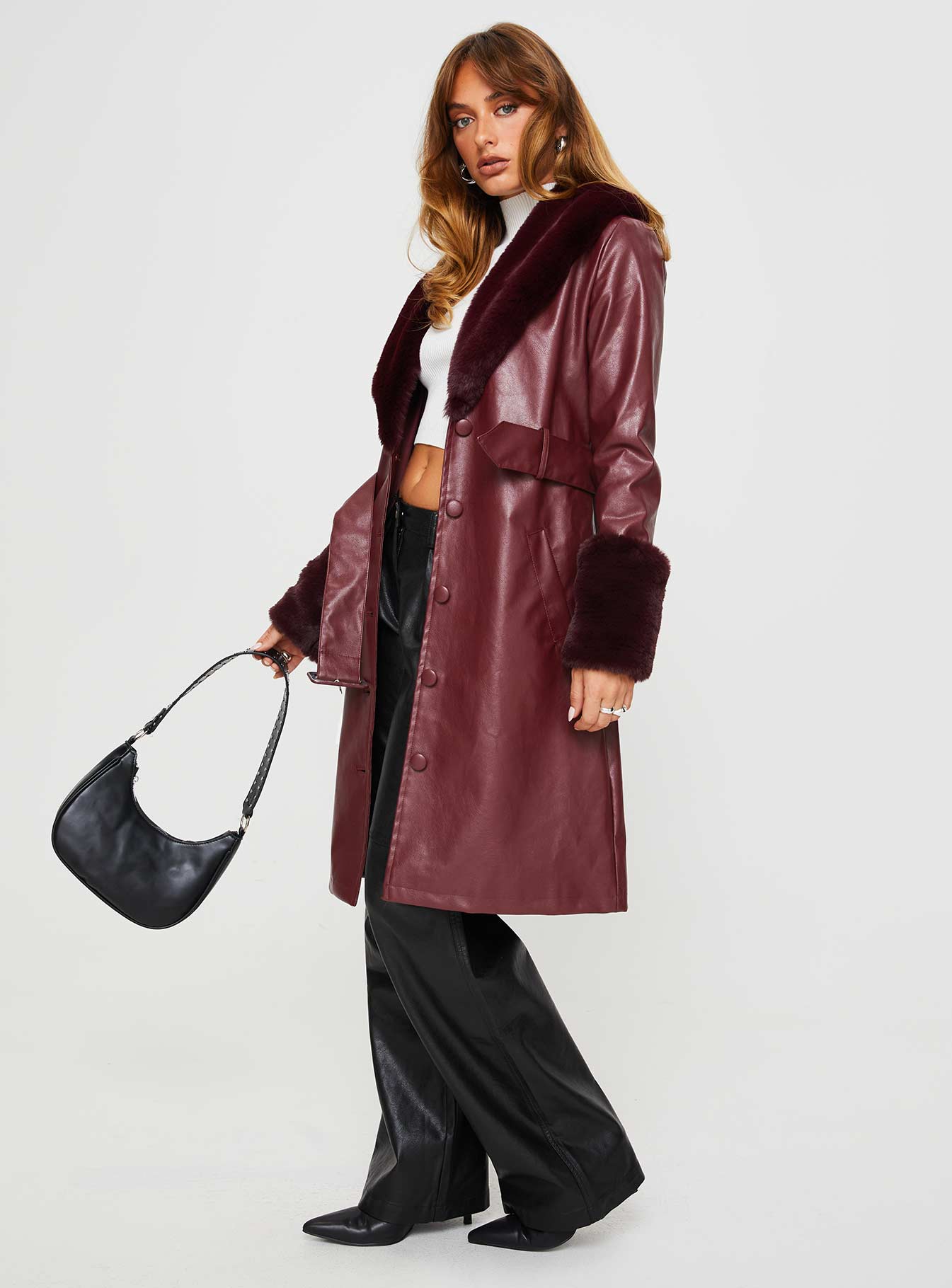 Brooklyn Faux Leather Longline Coat Burgundy-Vipp Girl