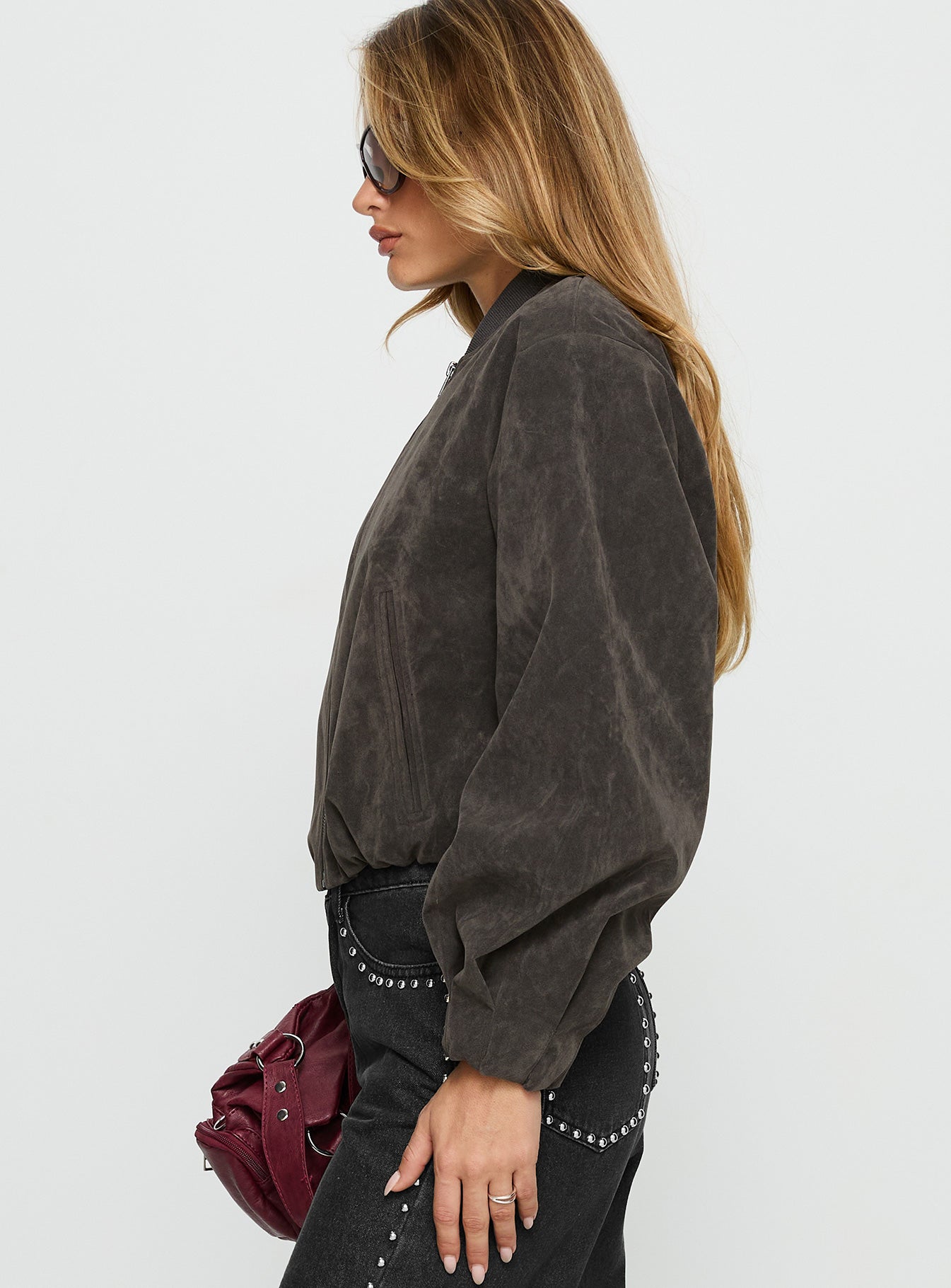 Mastery Faux Suede Bomber Jacket Charcoal-Vipp Girl