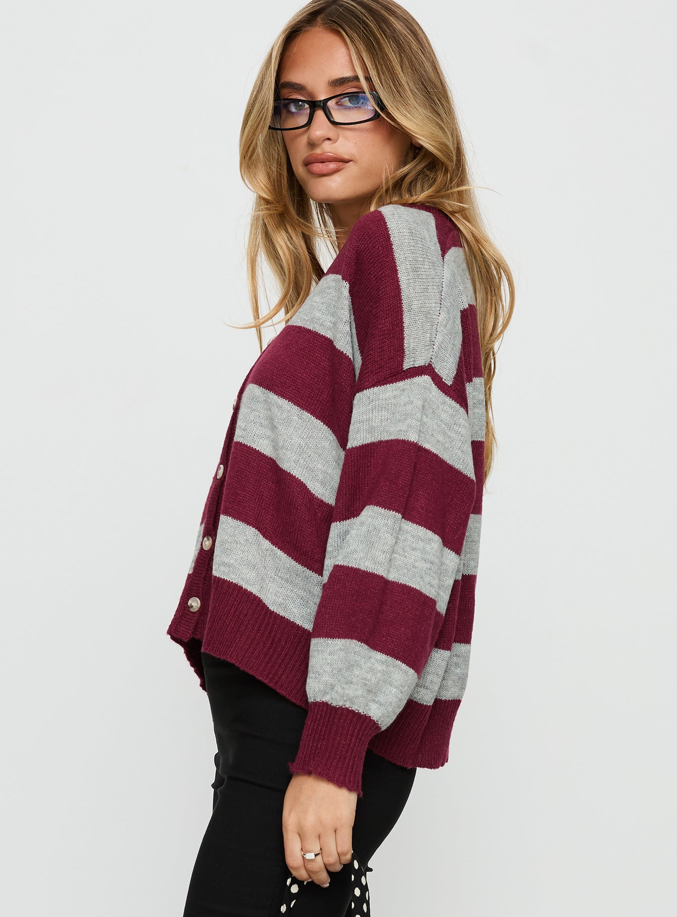 Devvon V Neck Knit Cardigan Red Stripe-Vipp Girl