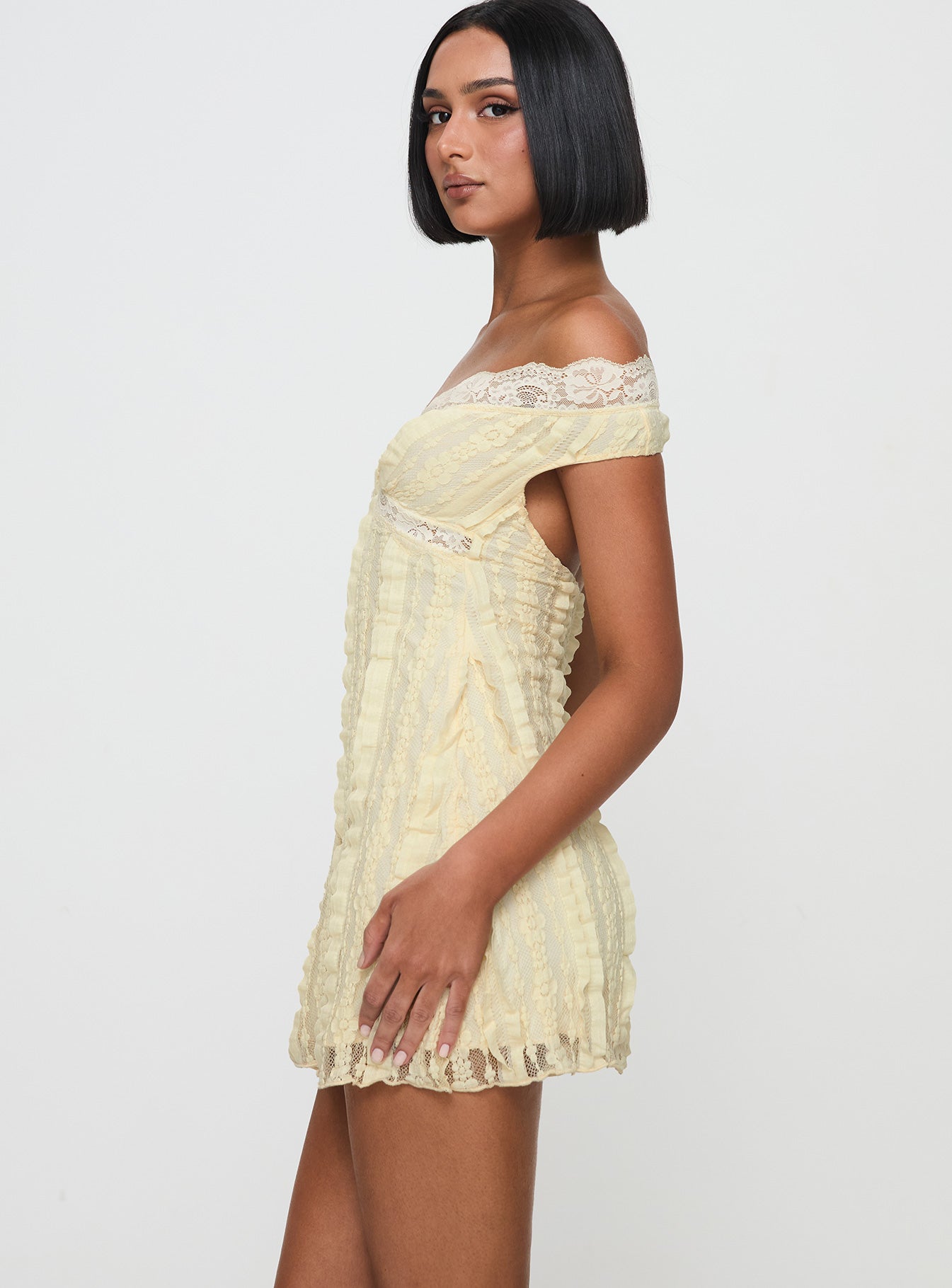 Bonnin Off The Shoulder Lace Mini Dress Yellow-Vipp Girl