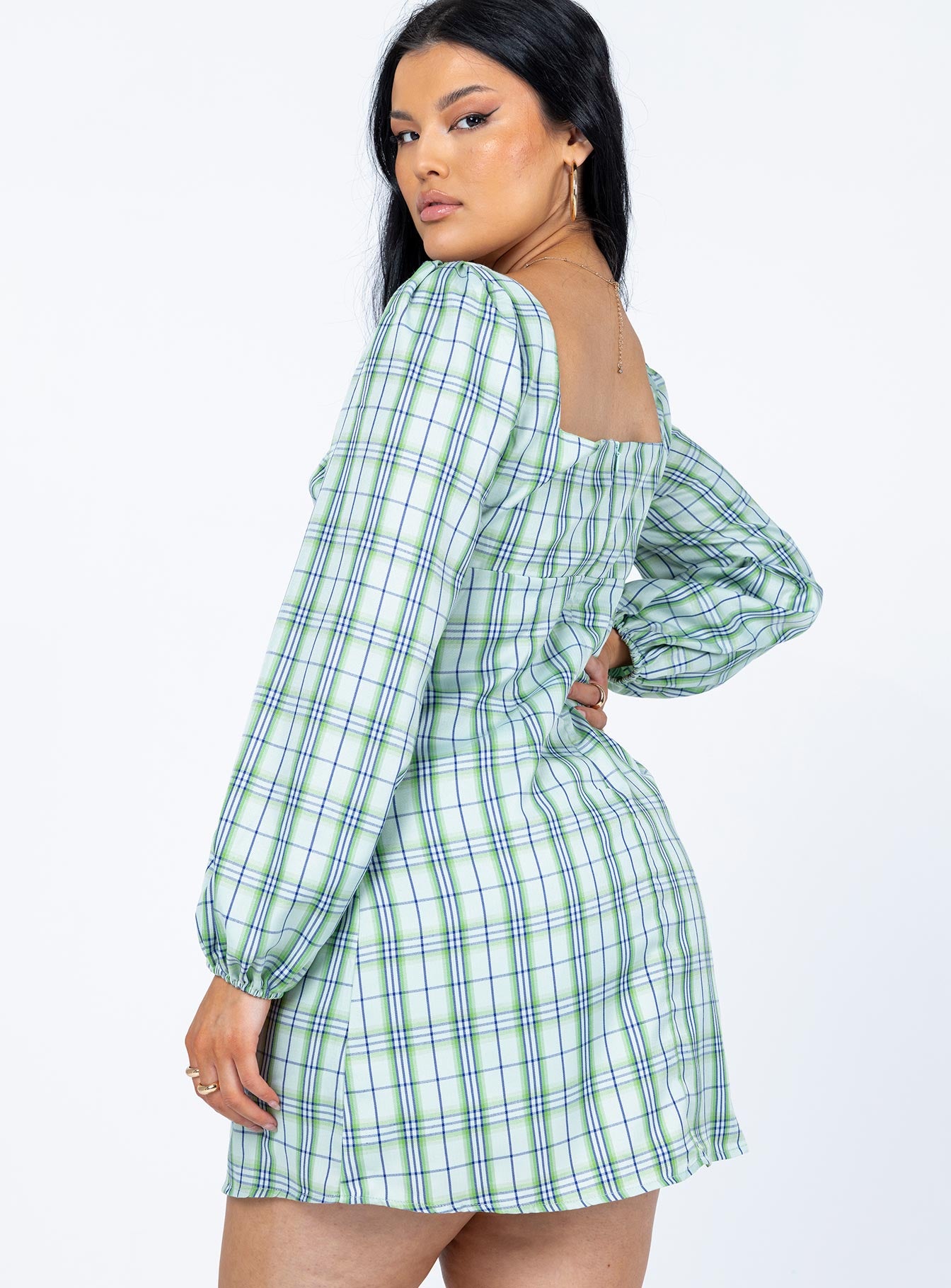 Hastings Long Sleeve Mini Dress Green Check-Vipp Girl