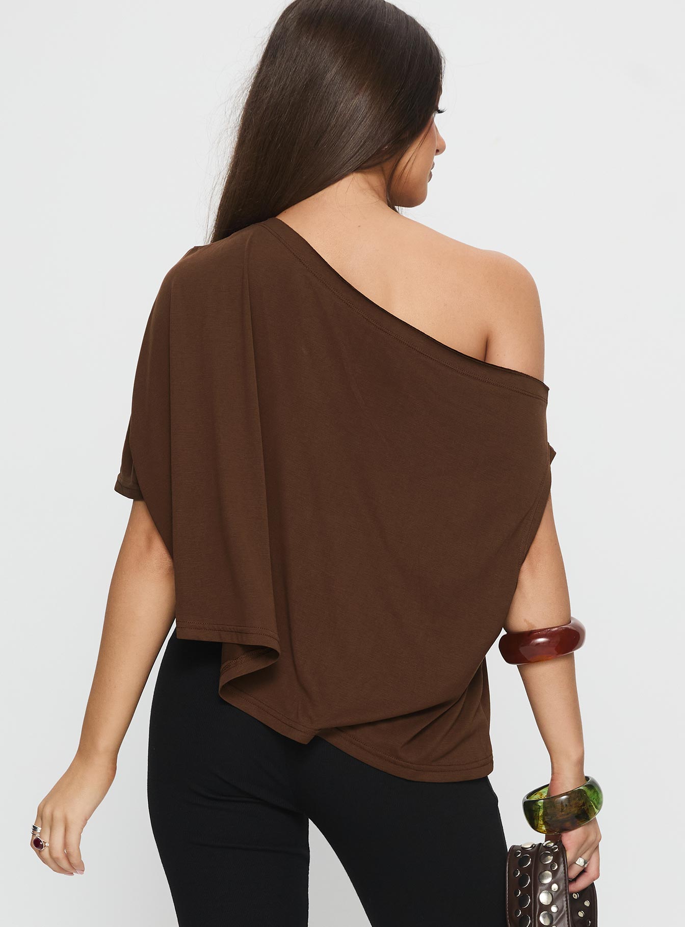 Passerby Asymmetrical Off Shoulder Top Brown-Vipp Girl