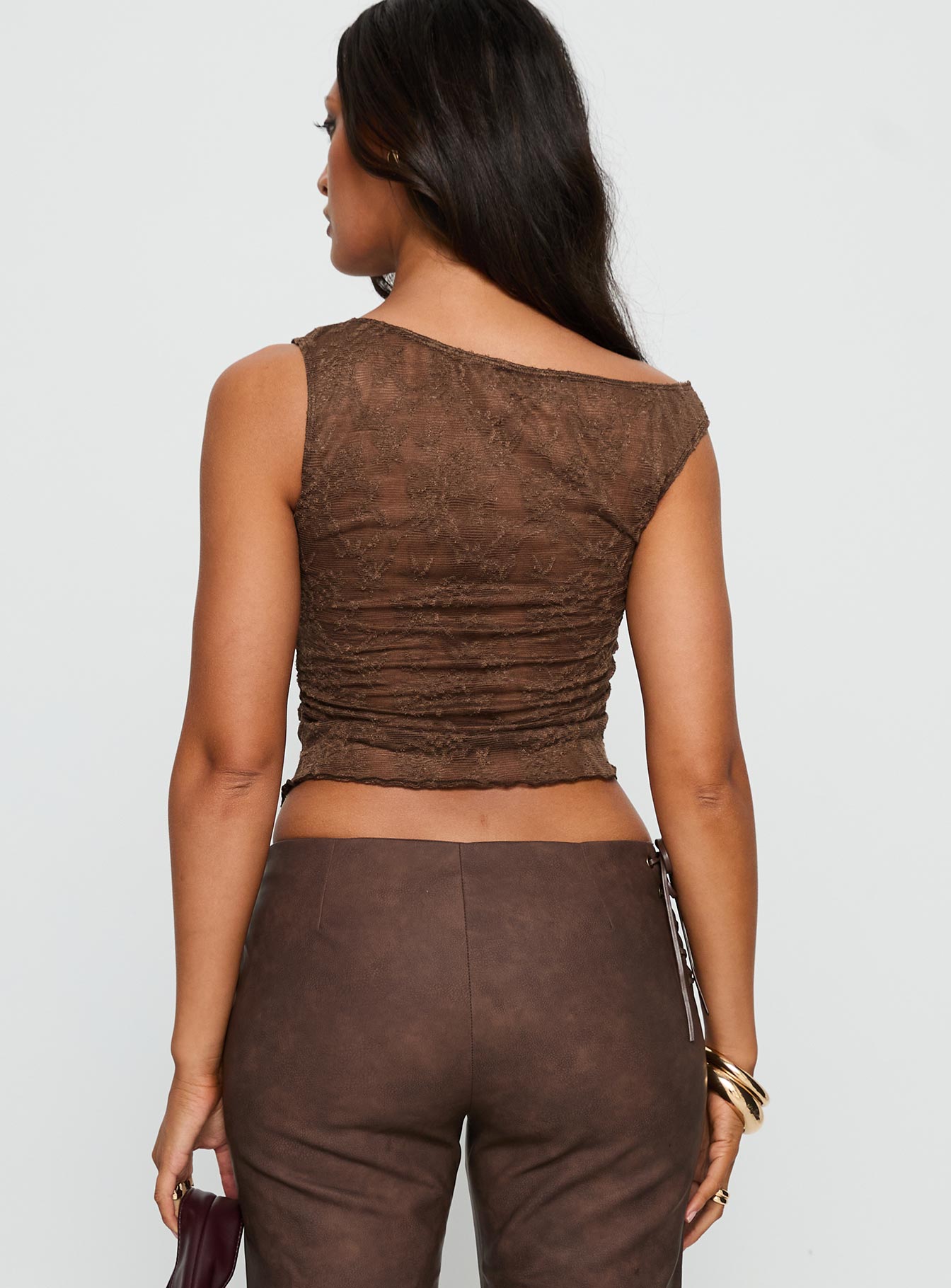 Decia One Shoulder Lace Top Brown-Vipp Girl