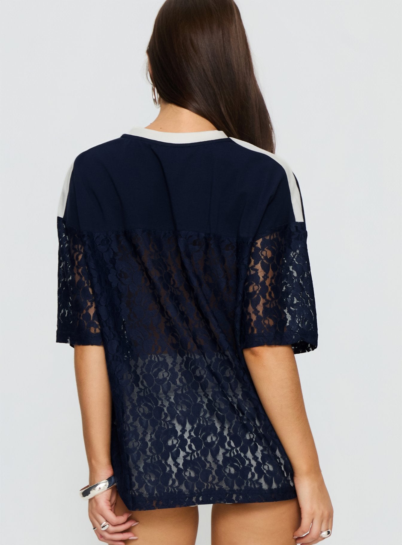 Lucky 23 Lace Jersey Graphic Top Navy-Vipp Girl