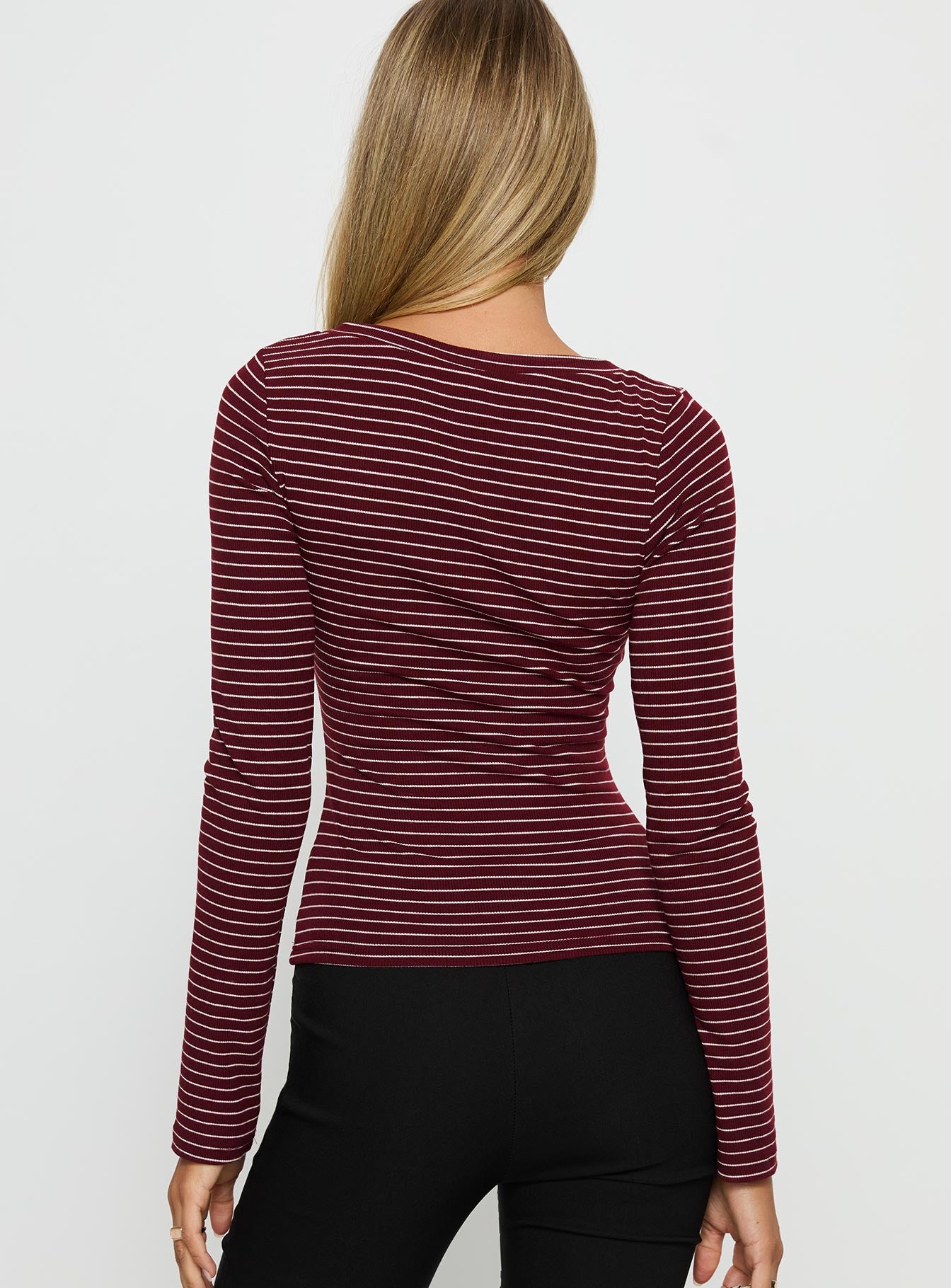 Georgeanna Button Up Long Sleeve Top Burgundy Stripe-Vipp Girl