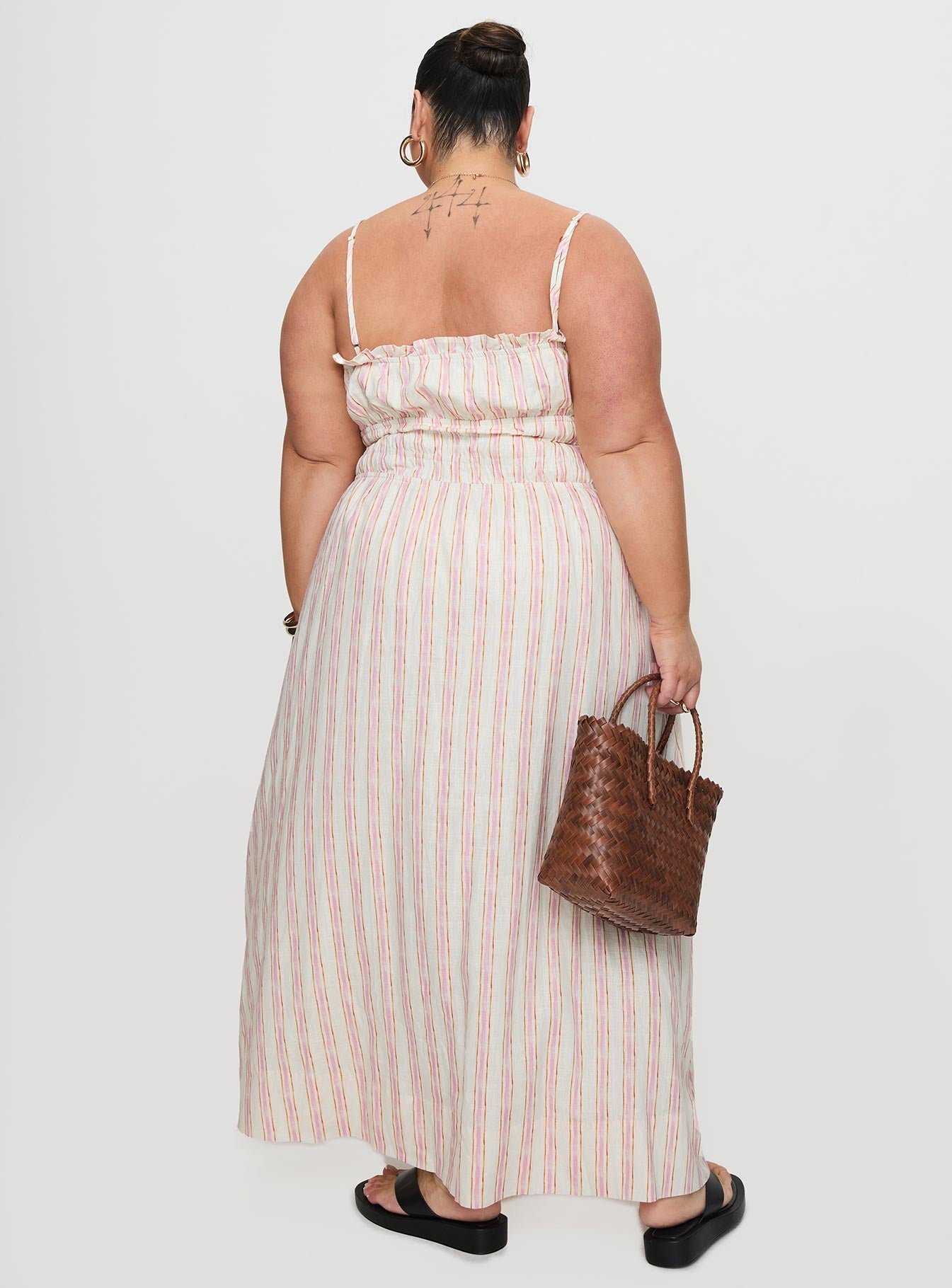 Persephone Shirring Linen Maxi Dress Pink Stripe Curve-Vipp Girl