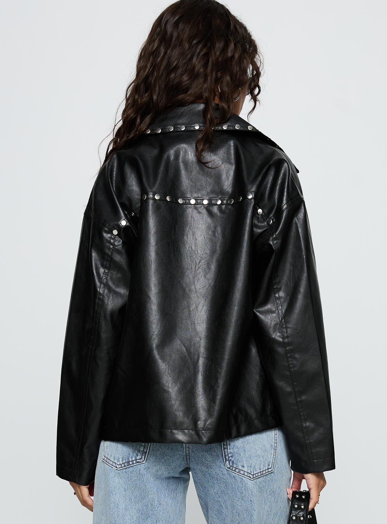 Kaeden Faux Leather Stud Detail Biker Jacket Black-Vipp Girl