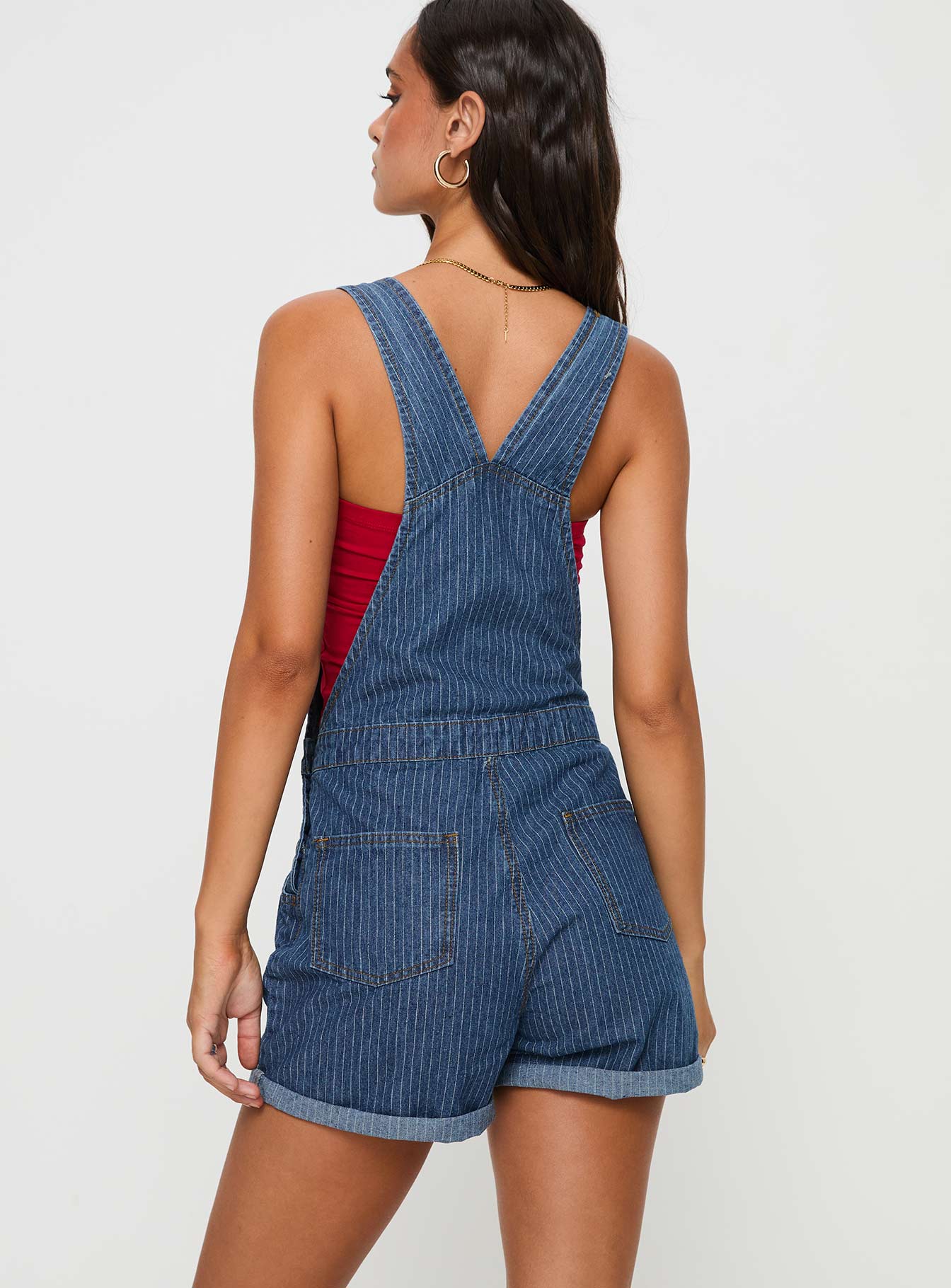 Kacey Short Overalls Mid Blue Pinstripe-Vipp Girl